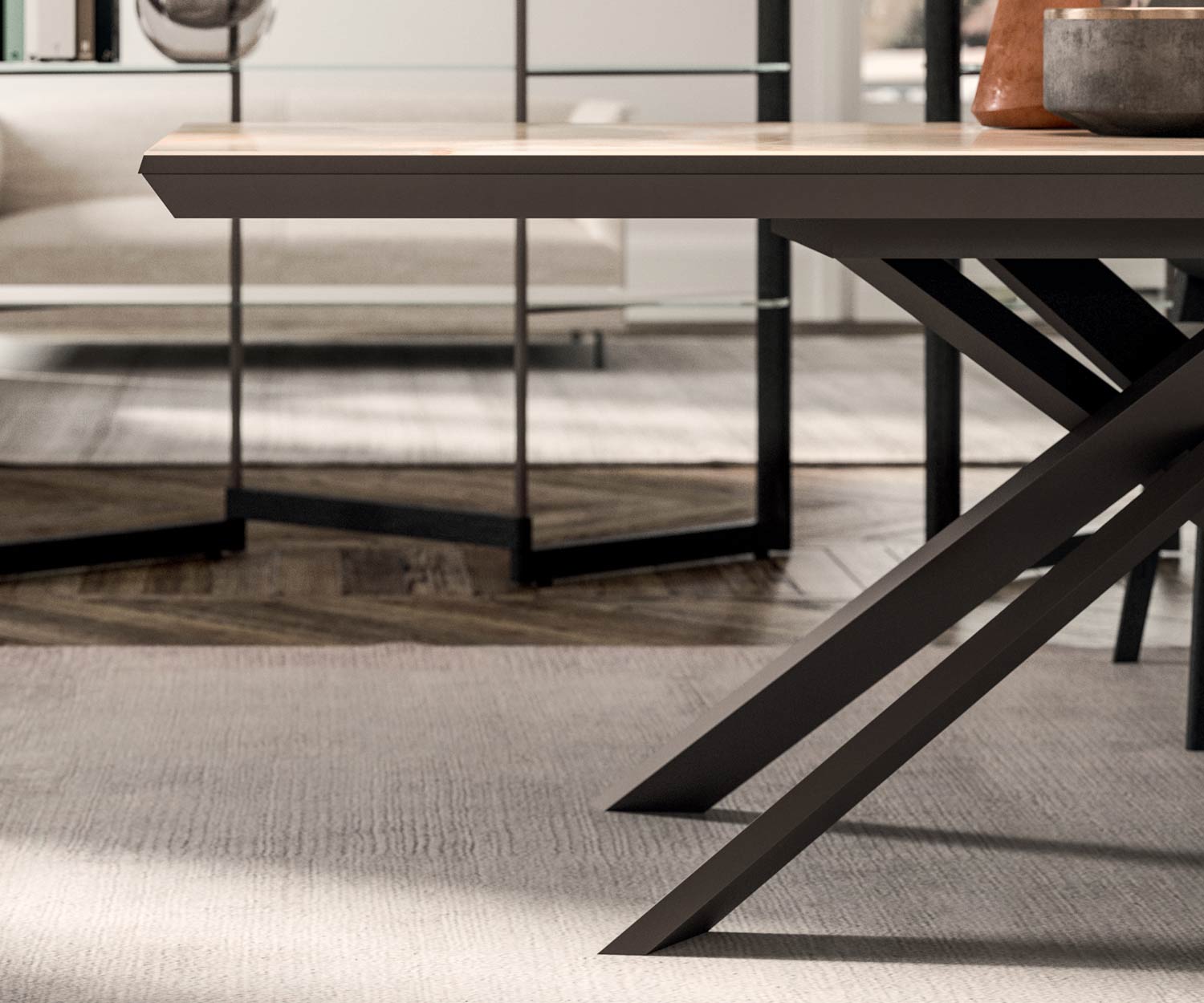 Detail van de tafelrand Ozzio Designer marmeren glazen eettafel Detail van de tafelrand Ozzio Designer marmeren glazen eettafel