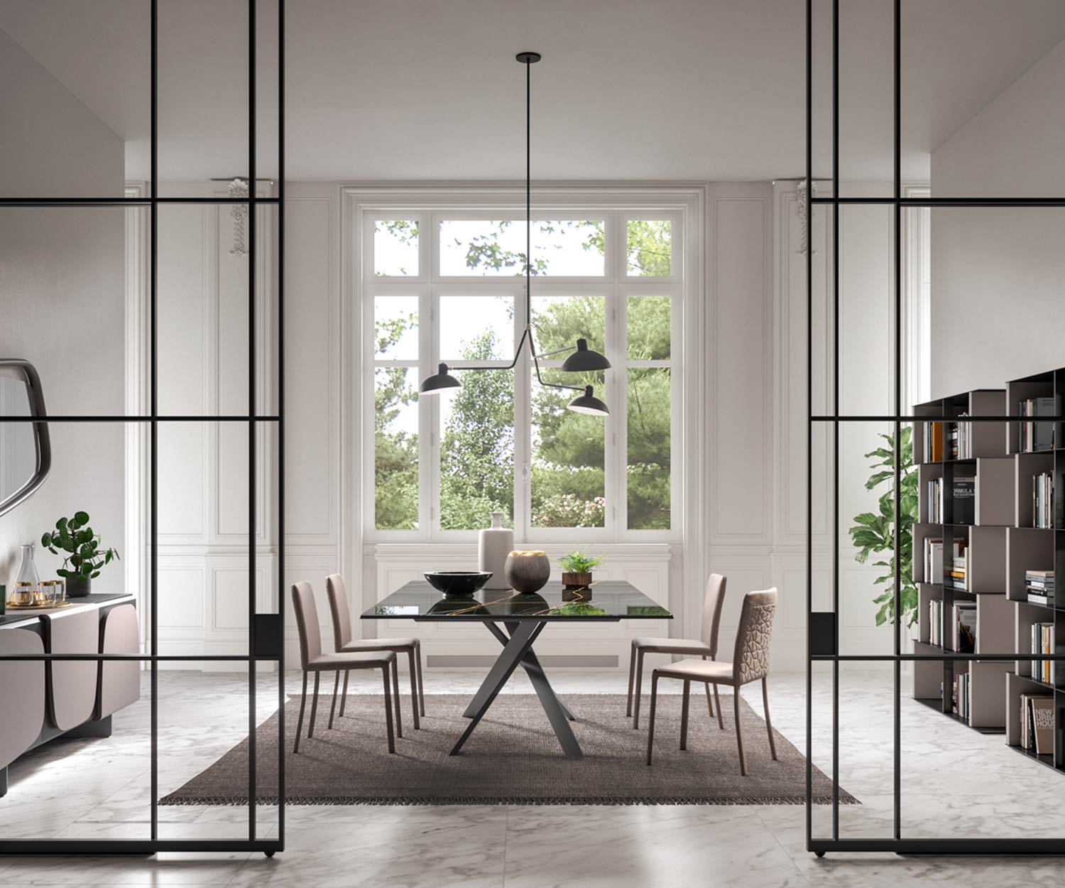 Marmeren glazen tafel 4x4 T240 van Ozzio genomen vanaf de zijkant in de eetkamer Marmeren glazen tafel 4x4 T240 van Ozzio genomen vanaf de zijkant in de eetkamer