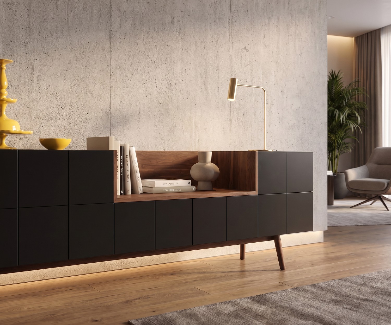 al2 MOS-I-KO 003 A dressoir voor de woonkamer met mat zwarte deuren en een warm houten open vak.