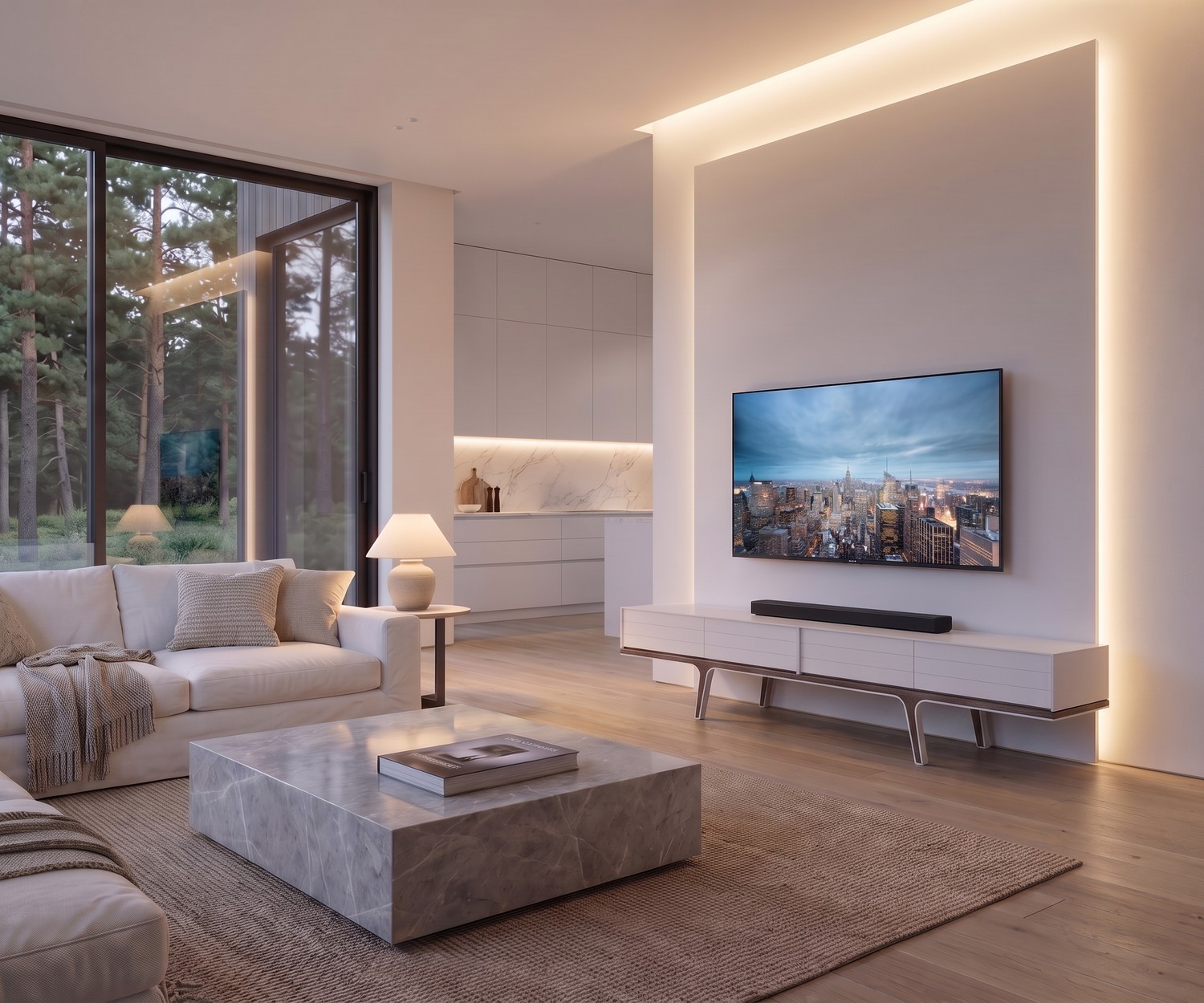 al2 Mobius 004 TV-lowboard in wit geplaatst in een modern interieur onder de televisie voor extra opbergruimte.