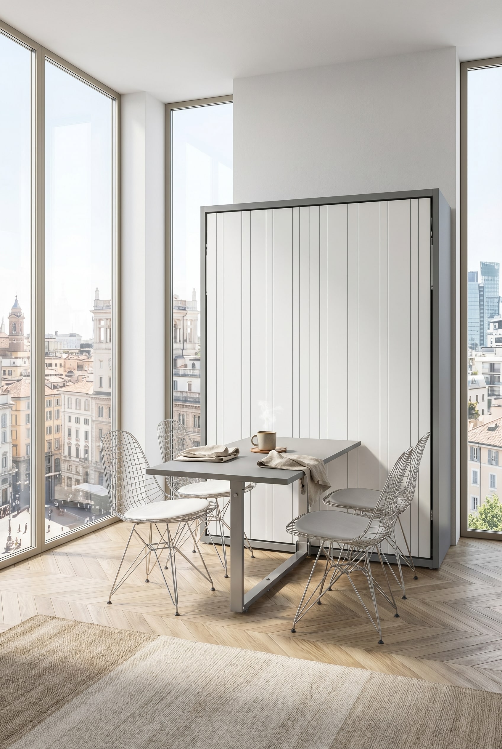 Een stijlvolle eetkamer met een grote eettafel, slim geïntegreerd in de voorkant van een gesloten wandbed. Een stijlvolle eetkamer met een grote eettafel, slim geïntegreerd in de voorkant van een gesloten wandbed.