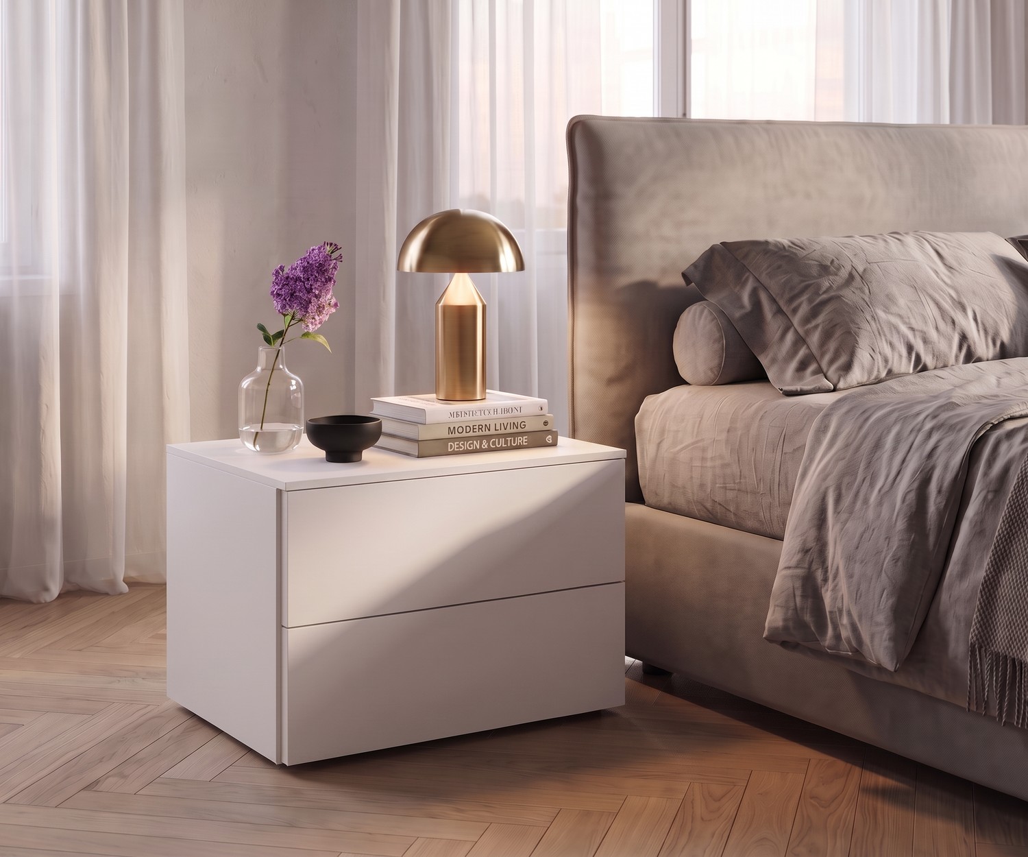 Livitalia Atena nachtkastje met laden in de slaapkamer, wit modern ladekastje naast een beige gestoffeerd bed