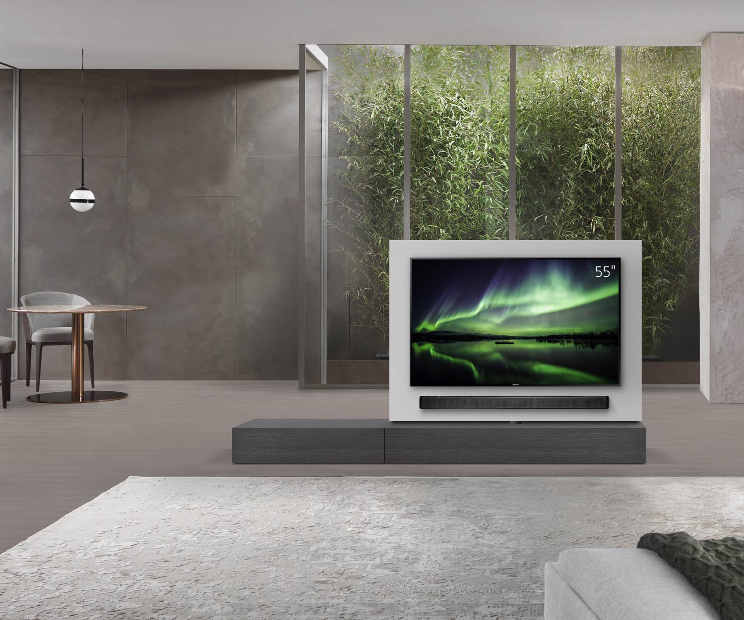 Livitalia Roto design lowboard ruimteverdeler met draaibaar TV-paneel B150 65 H25 D47 EiGr B90li oBox