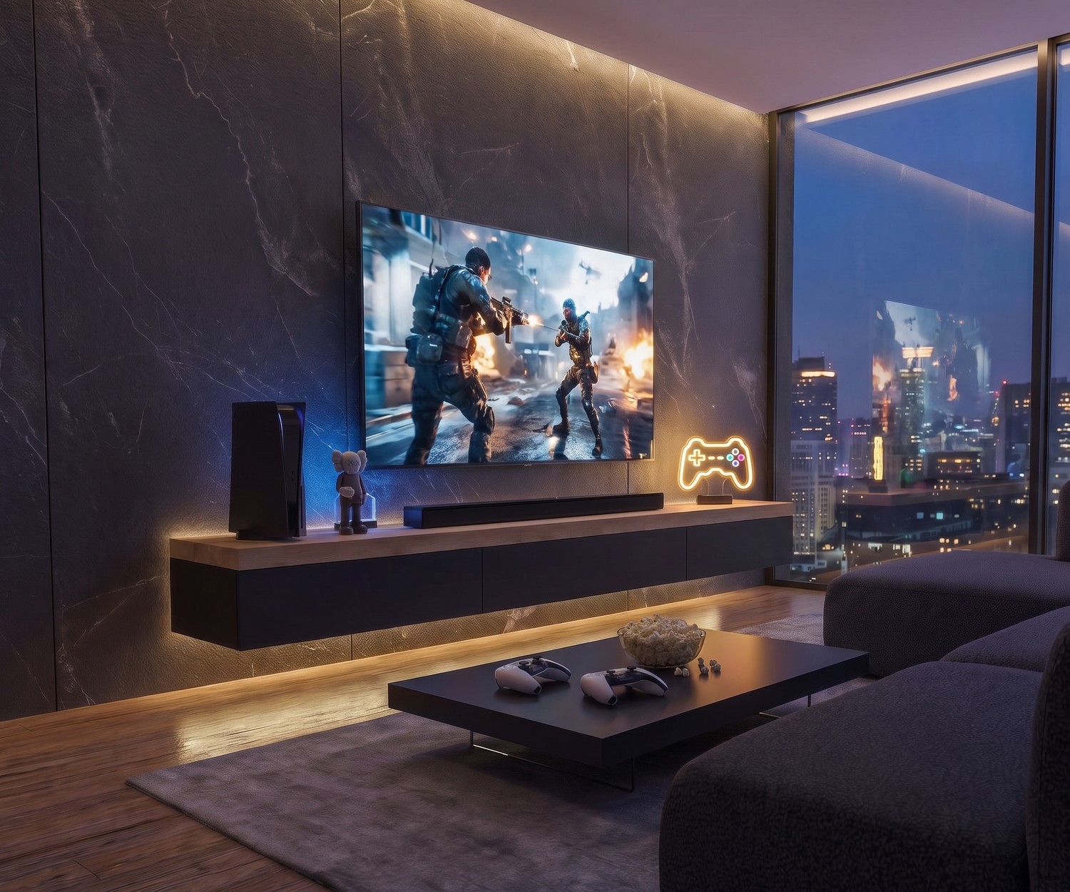 Livitalia zwevend TV-lowboard met dik bovenblad Zwevend TV-meubel in de woonkamer: Livitalia lowboard met dik bovenblad, modern design met sfeervolle LED-verlichting.