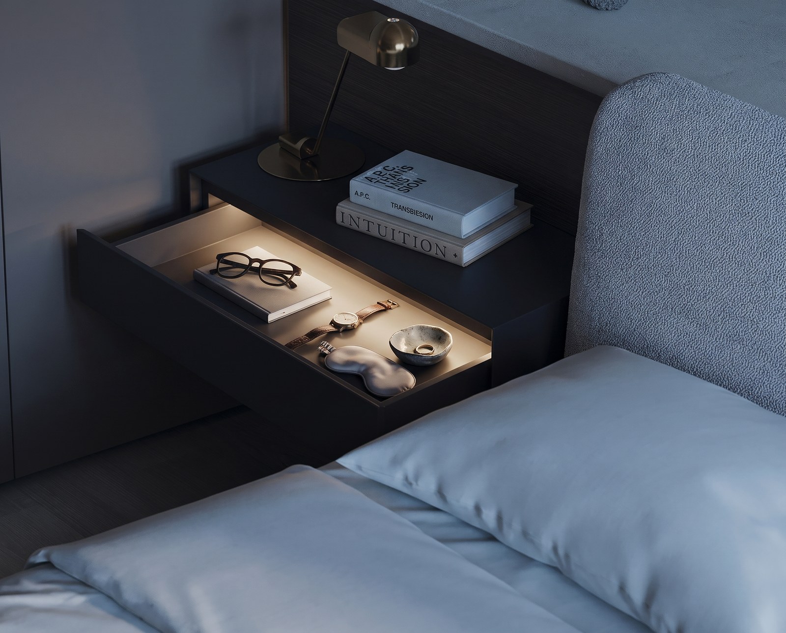 Ecletto nachtkastje met binnenverlichting bij nacht, lade open