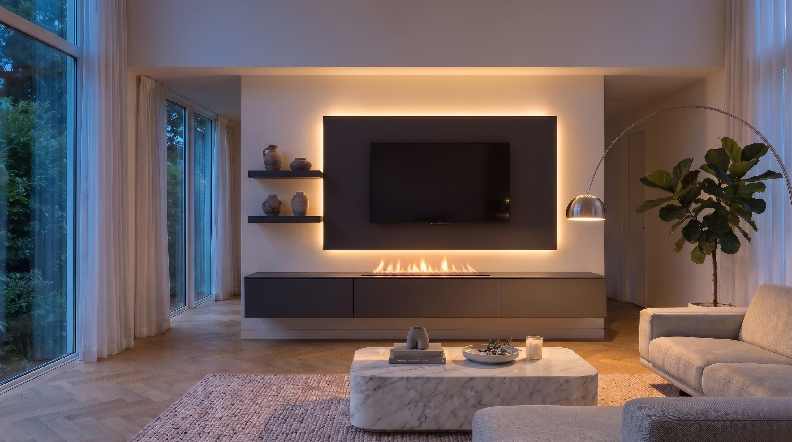 Wohnzimmer Planer: Livitalia Wohnwand C108 mit Kamineinsatz und Beleuchtung am Abend Wohnzimmer Planer: Livitalia Wohnwand C108 mit Kamineinsatz und Beleuchtung am Abend