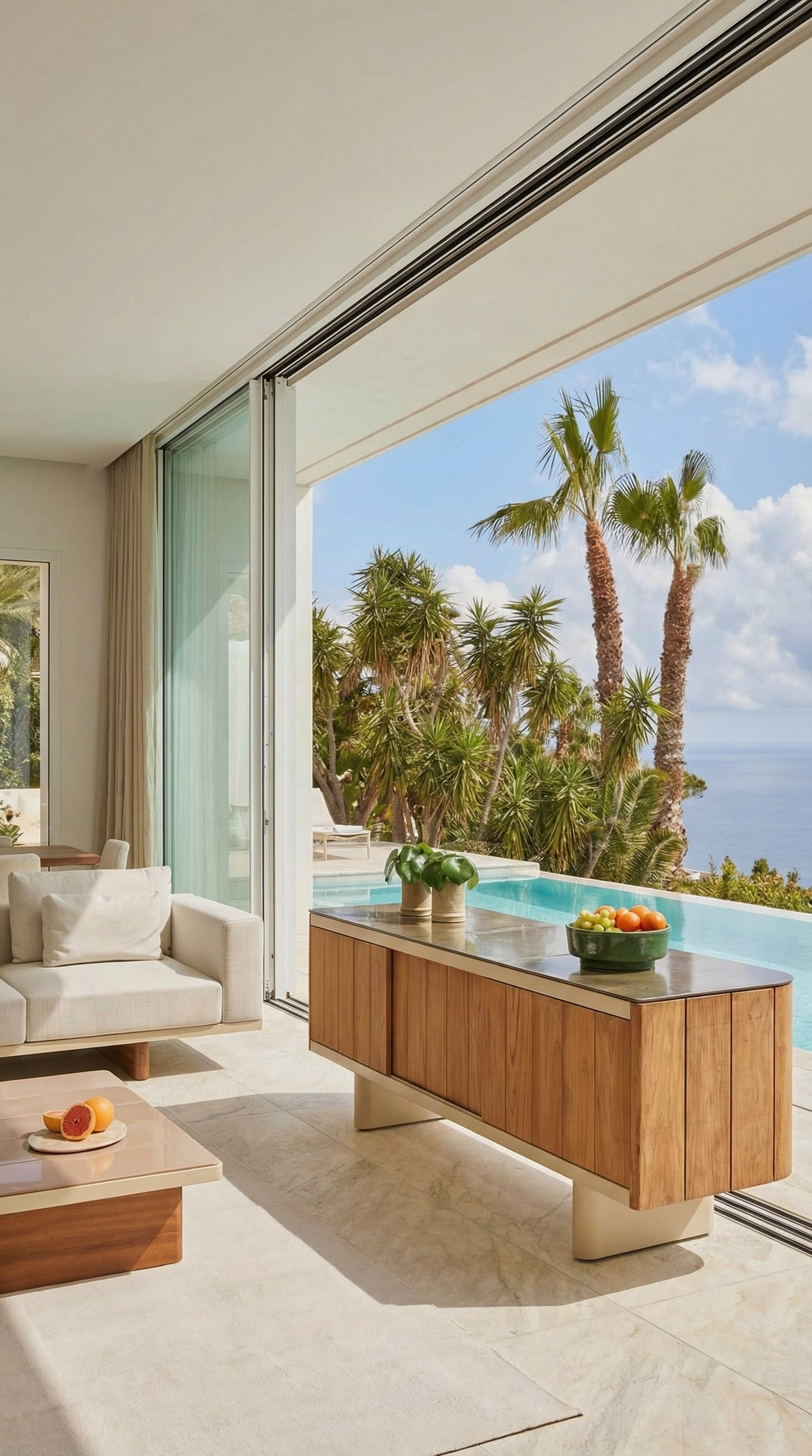 Luxueus outdoor-sideboard van teakhout op een zonnig terras met uitzicht op zee.