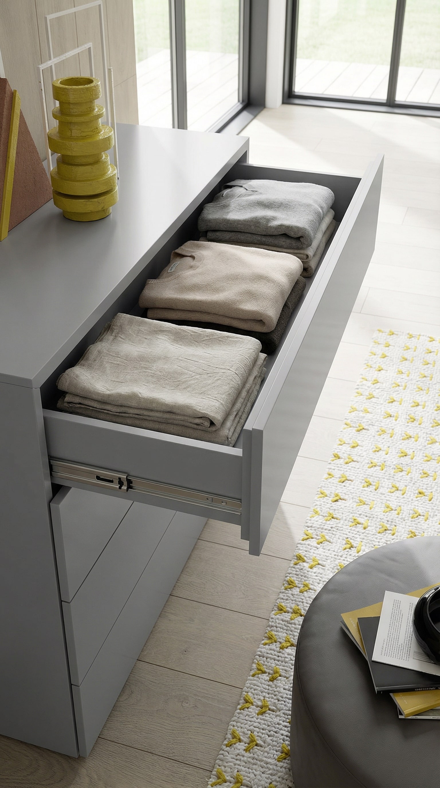 Geopende greeploze designladekast met volledige uittrekbaarheid, perfect gevouwen kleding en symmetrische naadmaten