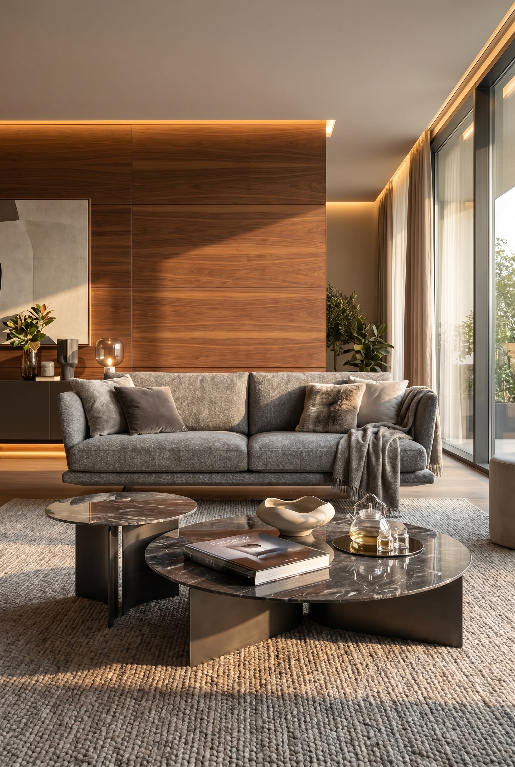 Wohnzimmer mit Holzpaneelen, davor ein organisch geformter Couchtisch mit Marmorplatte und geschwungener Basis