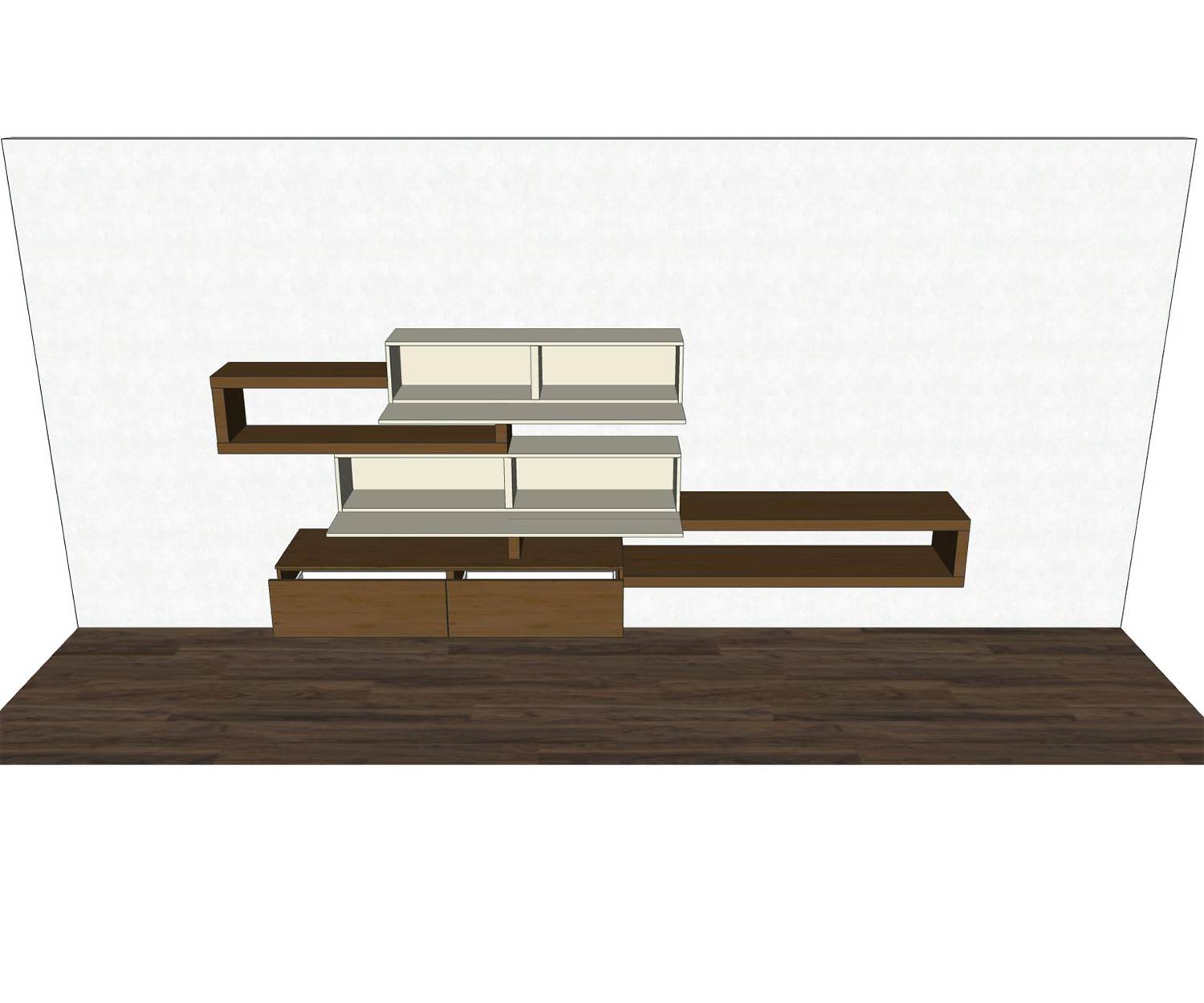 Livitalia Wandmeubel C25 schets met open deuren en kleurgecodeerde elementen Livitalia Wandmeubel C25 schets met open deuren en kleurgecodeerde elementen