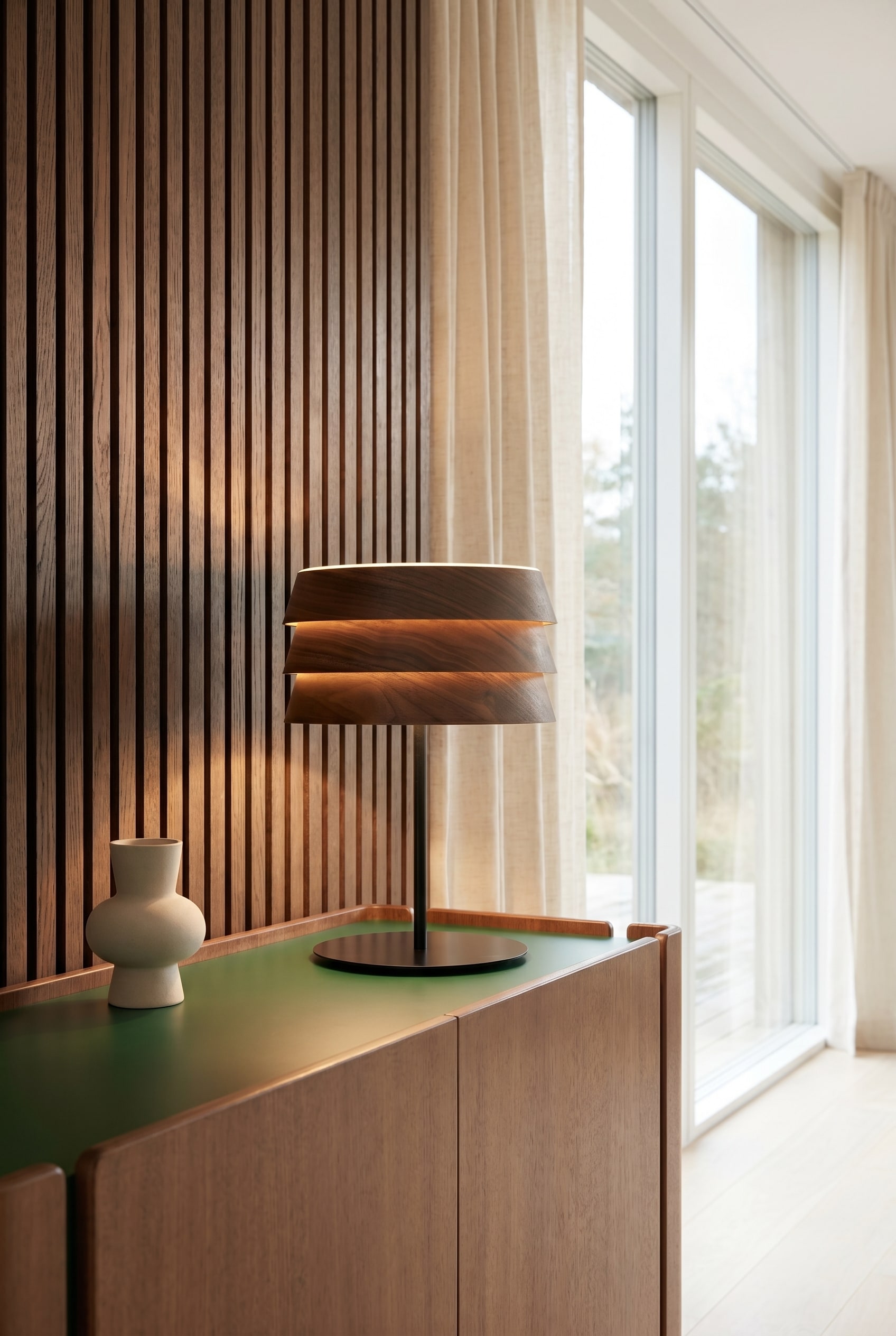 Sideboard aus Holz vor einer Lamellenwand, darauf eine Tischleuchte mit Holzlamellen-Schirm, die warmes Streiflicht wirft