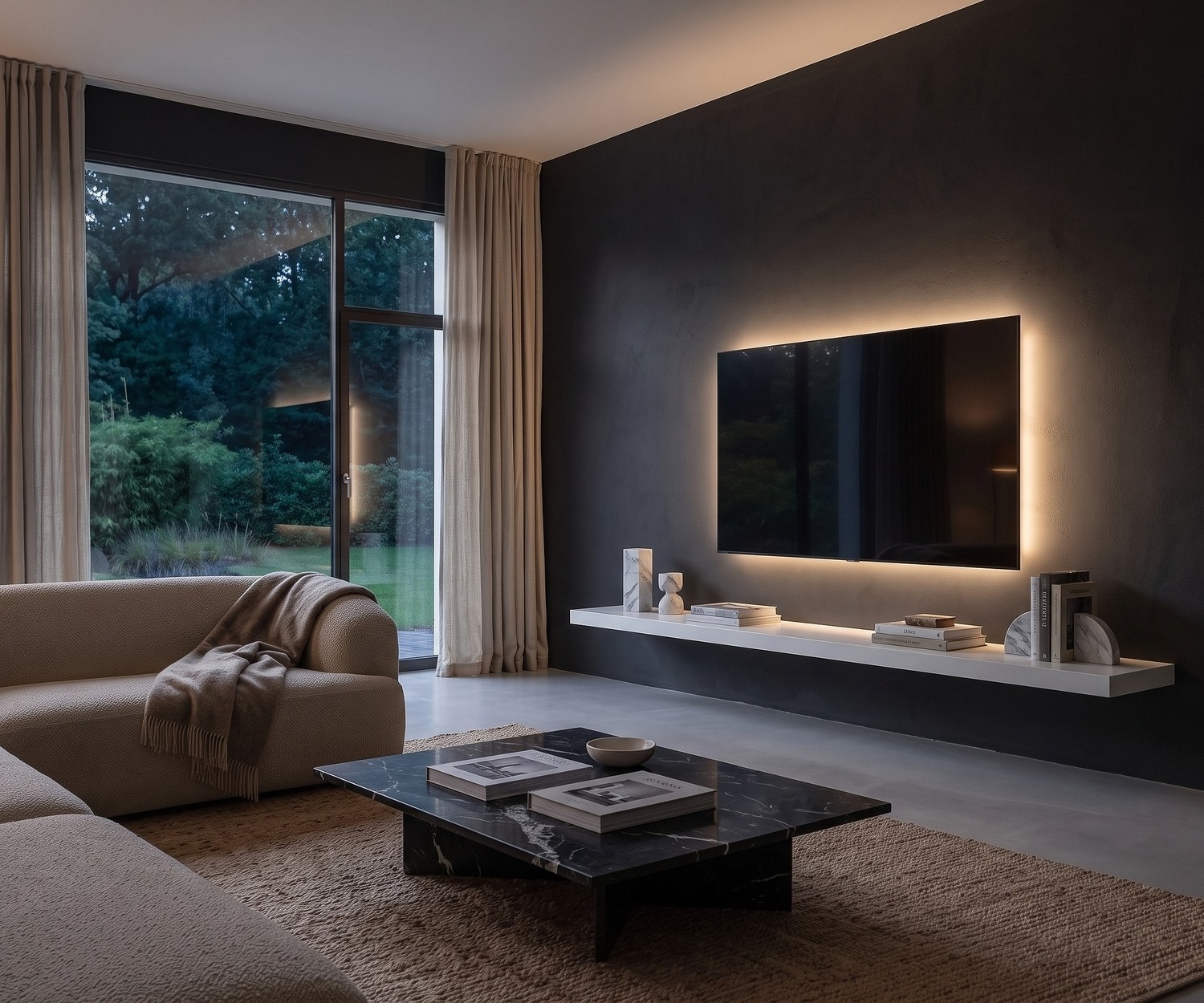 Livitalia TV wandplank als zwevend plateau onder de televisie in een moderne woonkamer met indirecte led-verlichting.