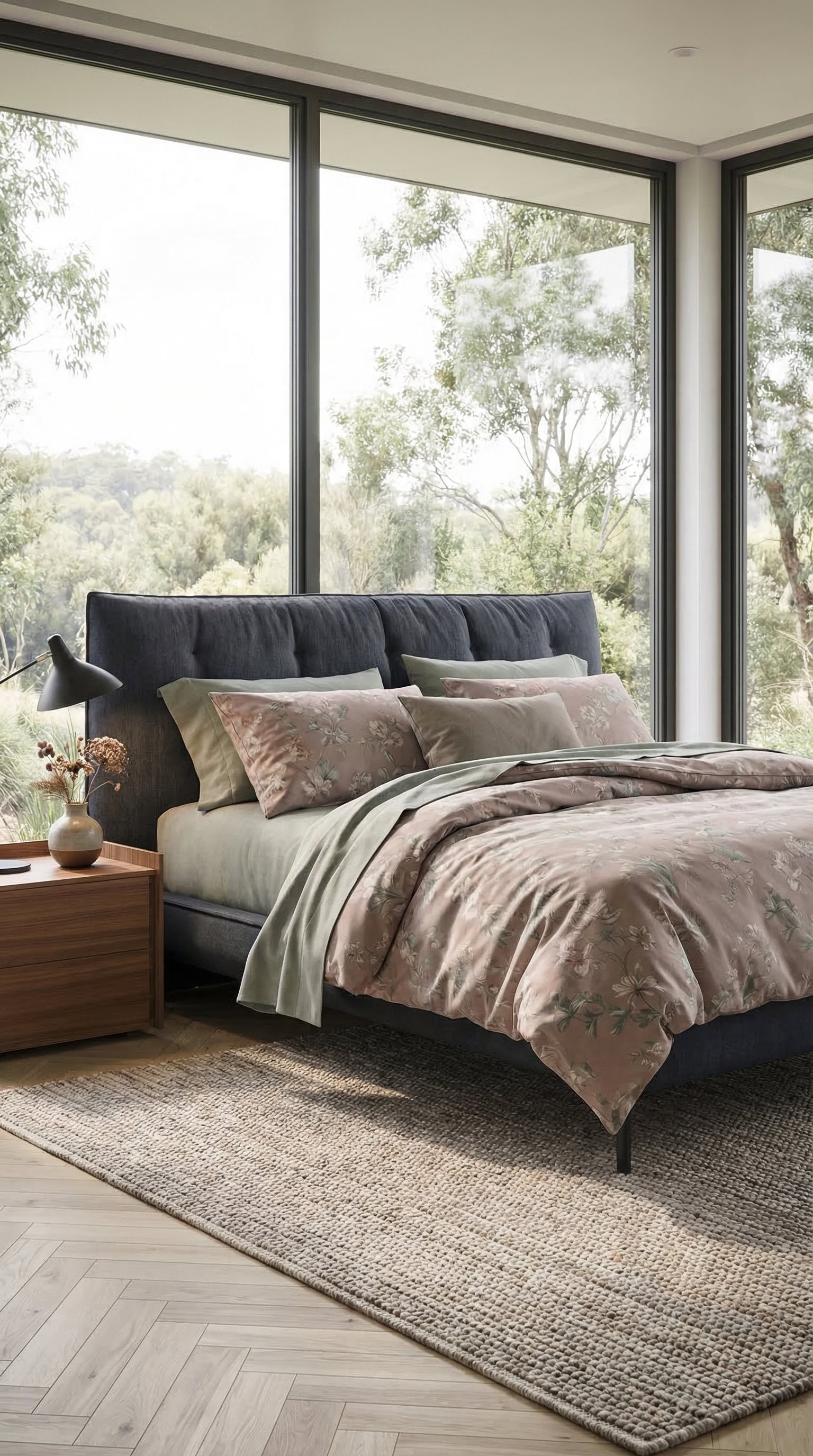 Romantische moderne slaapkamer met subtiel floraal beddengoed Romantische moderne slaapkamer met subtiel floraal beddengoed