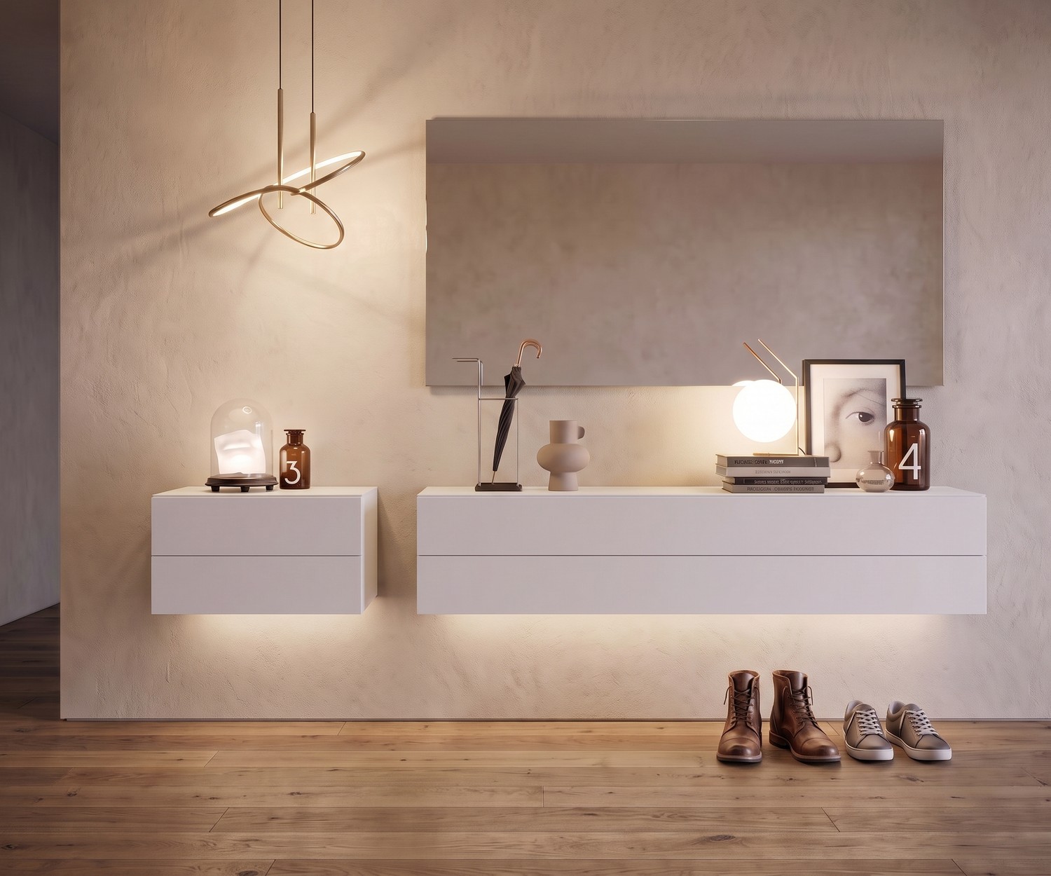Novamobili Easy Zwevend Dressoir Wit met Verlichting Novamobili Easy zwevend dressoir voor de hal, wit hangend kastje met LED-verlichting in moderne entree.