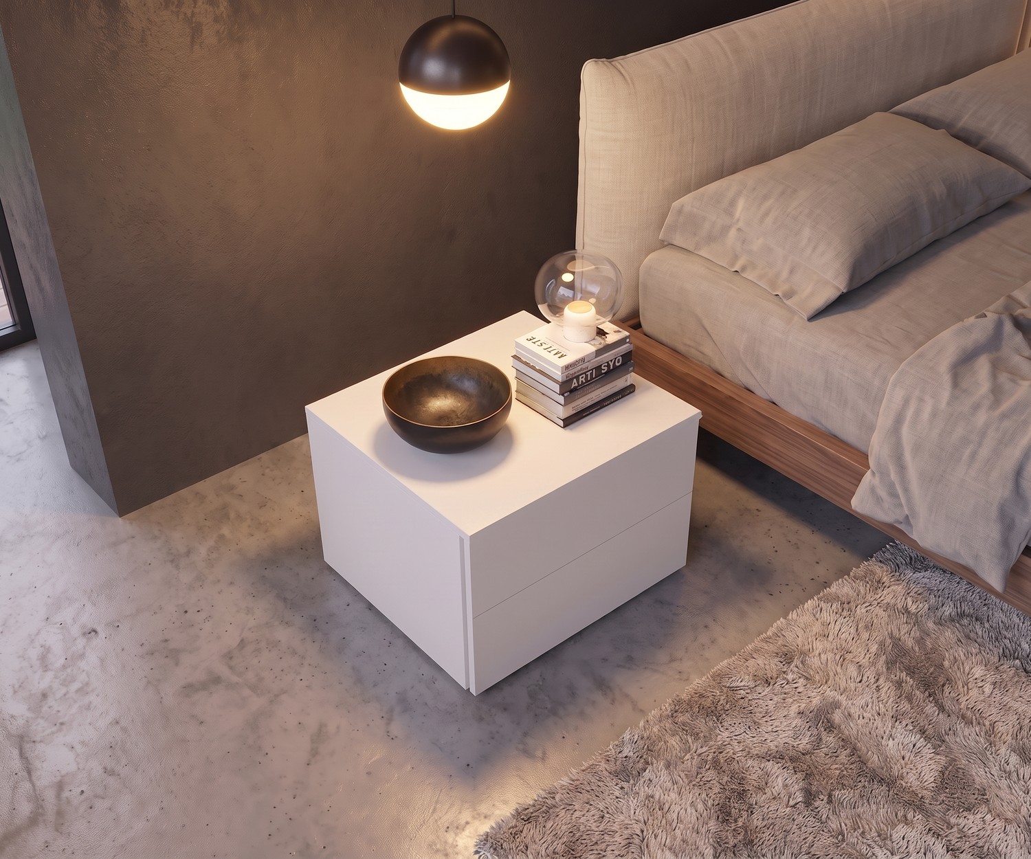 Modern wit Livitalia Atena nachtkastje Livitalia Atena nachtkastje met laden in de slaapkamer, wit modern ladekastje naast een beige gestoffeerd bed