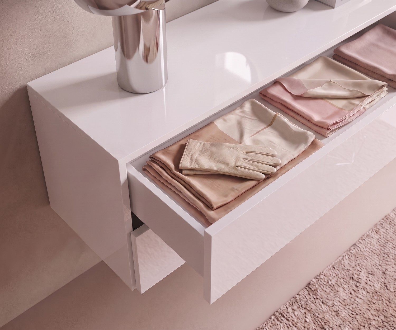 Hangende ladekast Novamobili Easy in hoogglans wit voor de slaapkamer, modern Italiaans design met open lade.