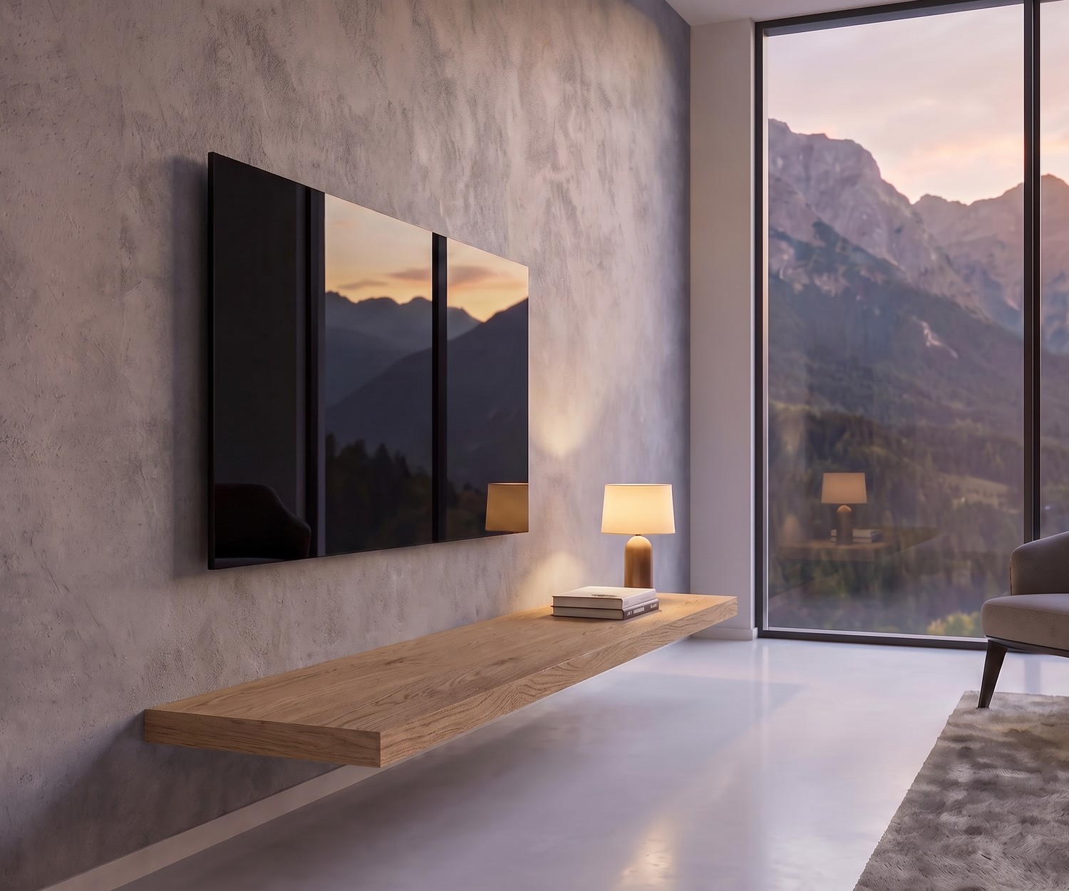 Livitalia zwevend TV-wandbord van eikenhout als modern TV-meubel in een minimalistische woonkamer met berggezicht.