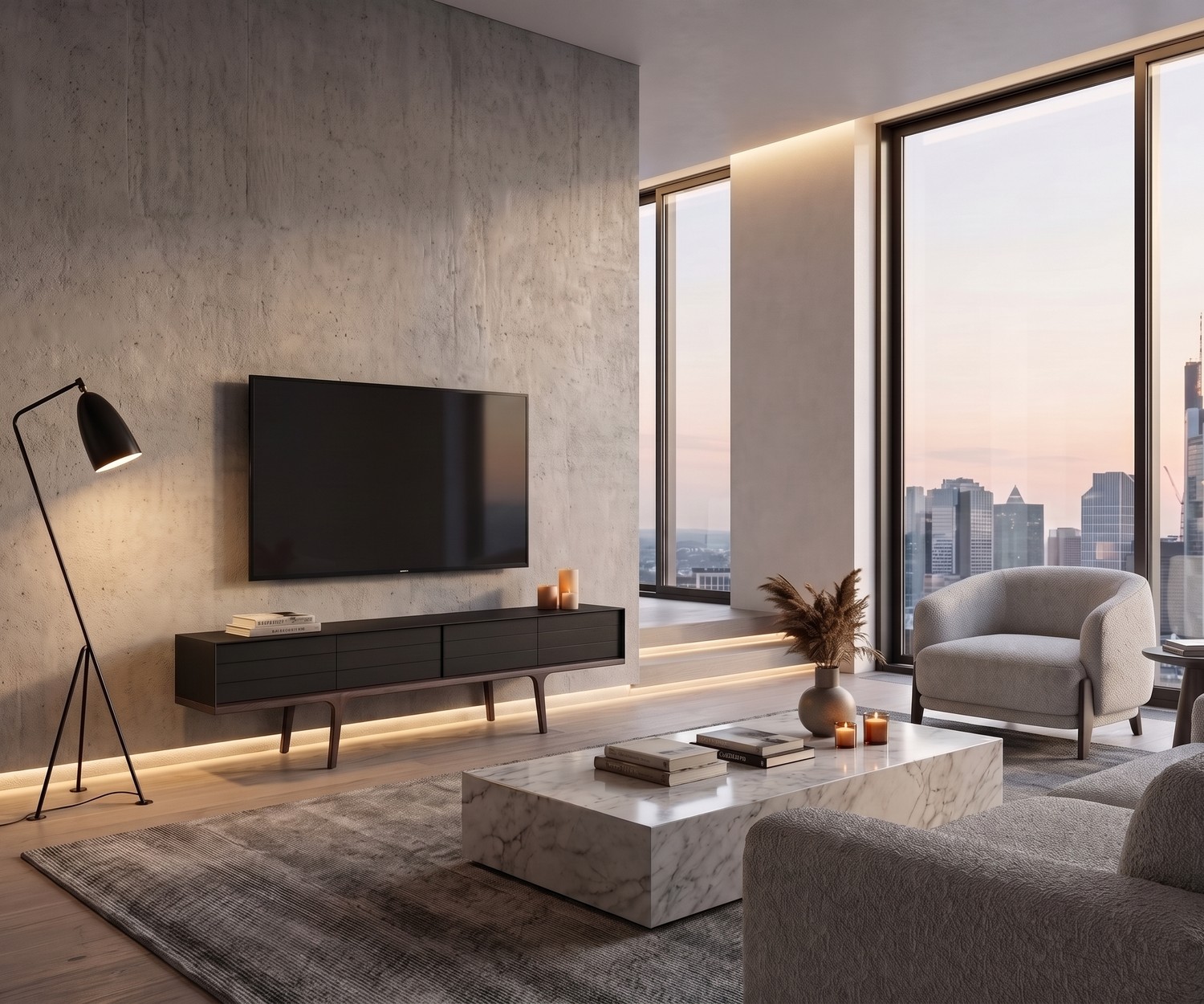 al2 Mobius 004 TV-lowboard voor de woonkamer al2 Mobius 004 TV-lowboard in moderne woonkamer onder de televisie, donker design met houten poten en betonwand.