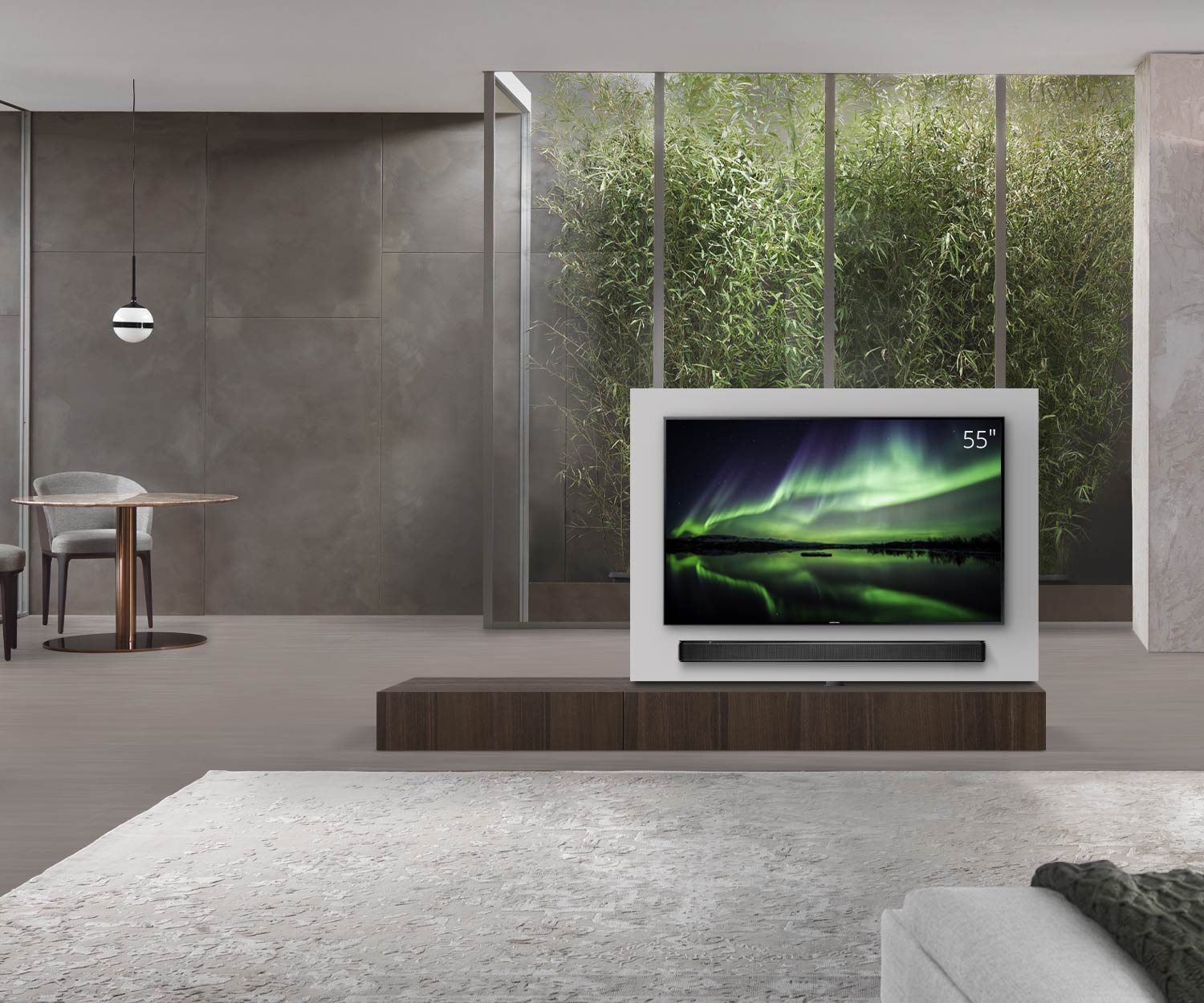 Livitalia Roto design lowboard ruimteverdeler met draaibaar TV-paneel B150 65 H25 D56 EiBr B90li oBox