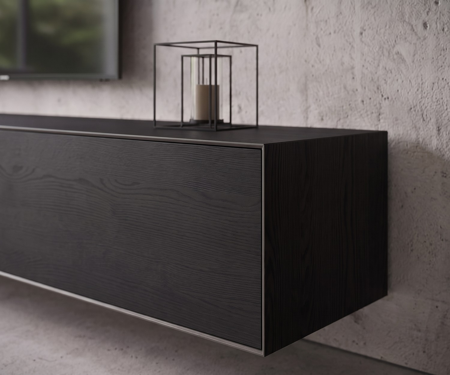 Zwevend donker eiken lowboard Minimal Zwevend lowboard Livitalia Minimal in donker eiken voor een moderne woonkamer met betonnen muur.