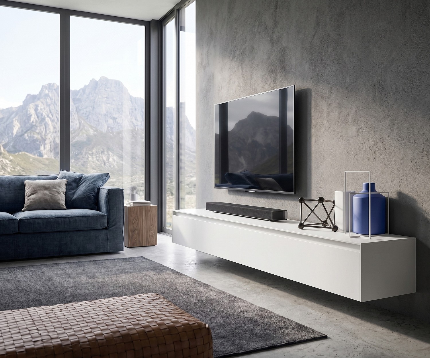 Zwevend tv-meubel Reverse Zwevend tv-meubel Reverse van Novamobili in een moderne woonkamer met betonnen wand