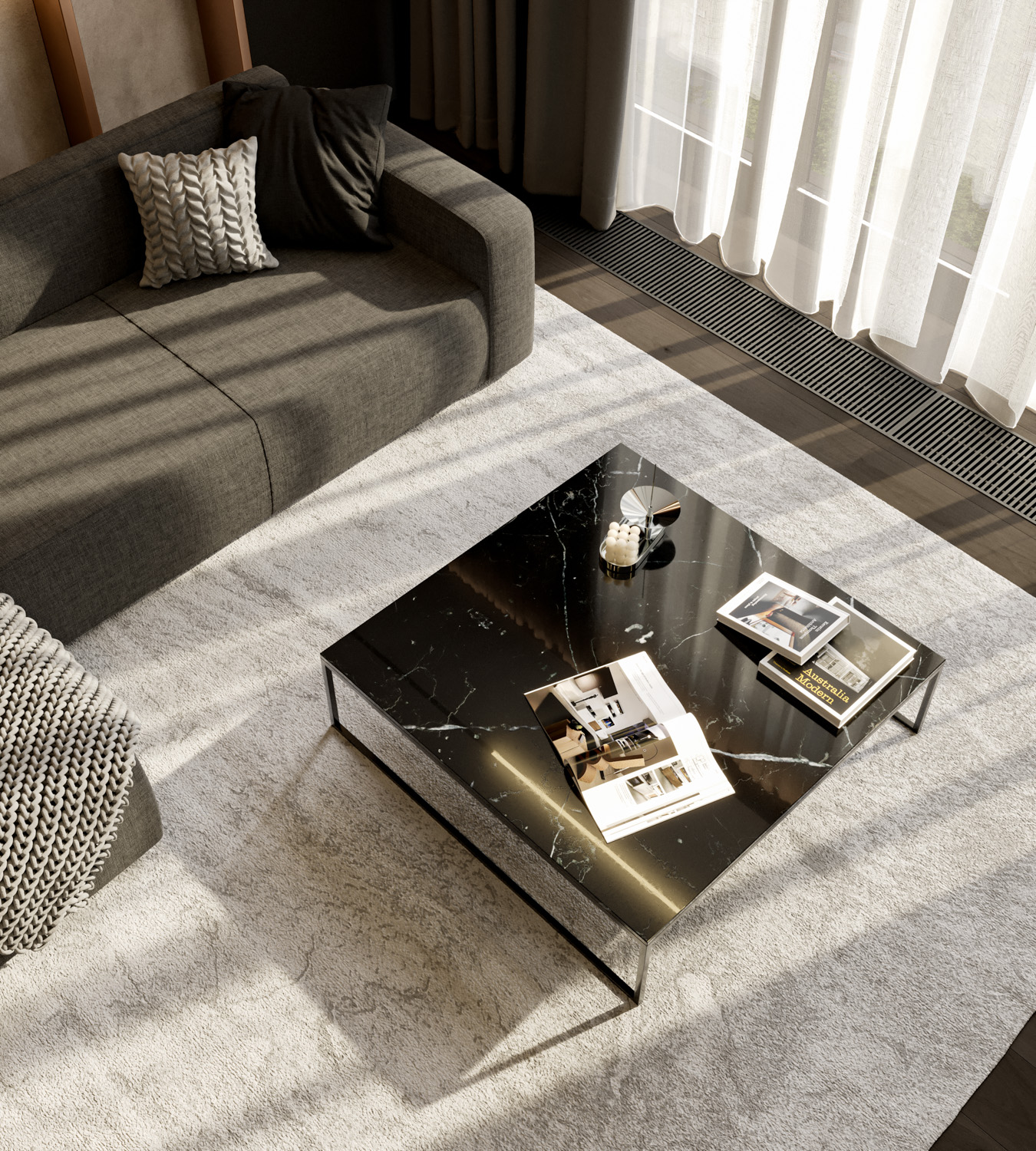 Moderne salontafel vierkant tafelblad donker marmer metalen sledeonderstel gelakt Moderne salontafel vierkant tafelblad donker marmer metalen sledeonderstel gelakt