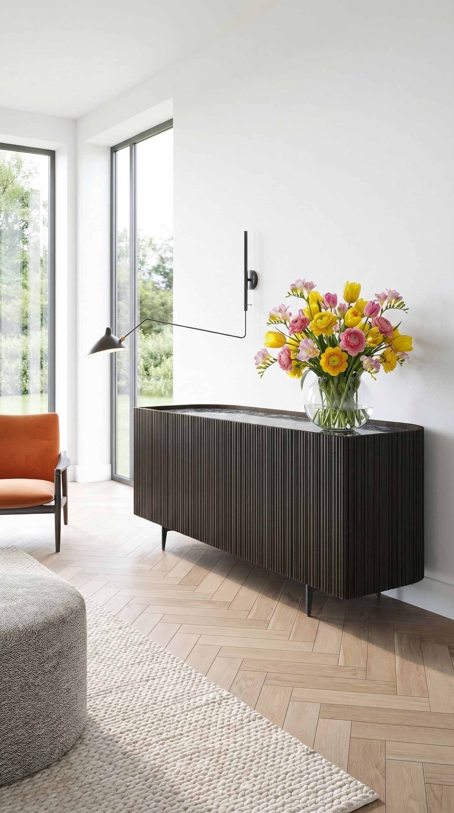Donker, elegant dressoir met afgeronde hoeken, gedecoreerd met een kleurrijke lentevase.