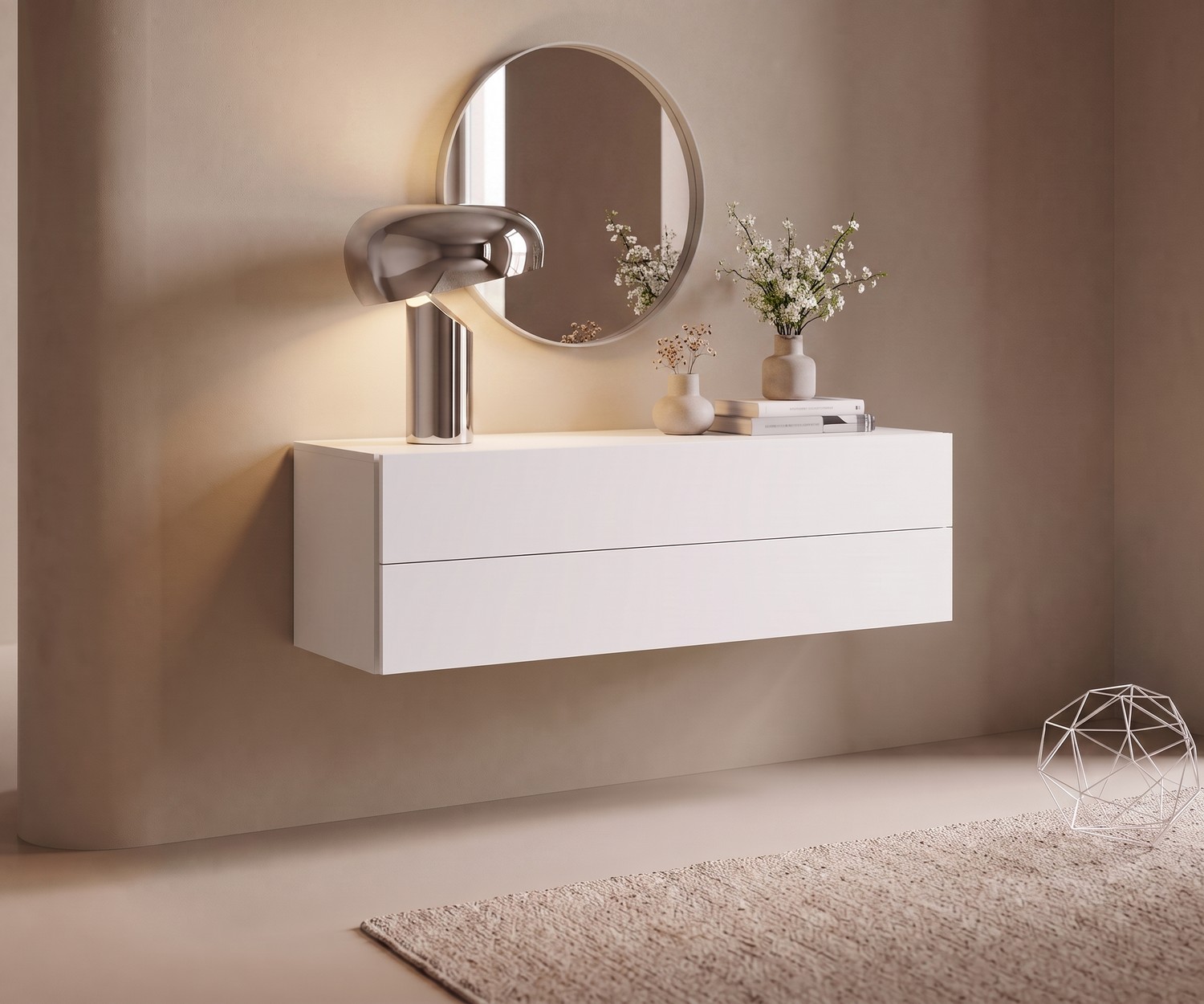 Novamobili Easy zwevende ladekast Novamobili Easy zwevend dressoir met 2 laden in de hal onder een ronde spiegel met een moderne designlamp.