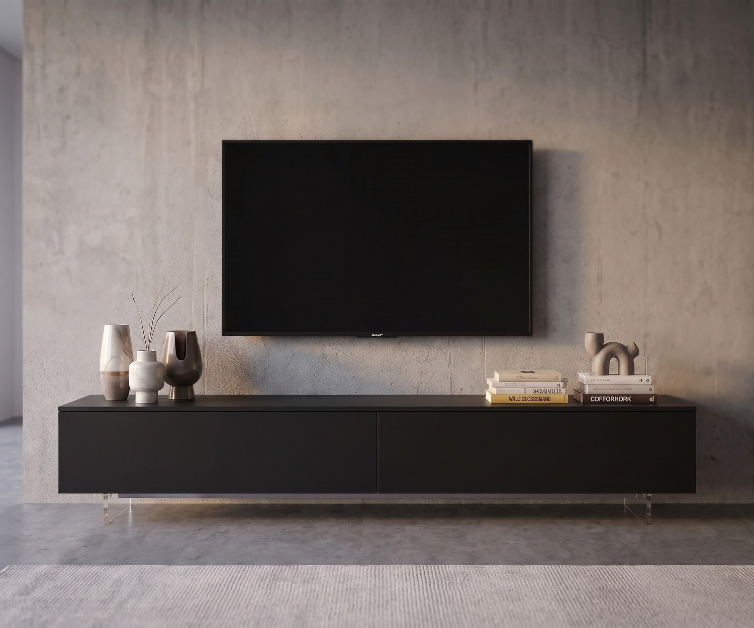 Livitalia transparante tv-sokkel voor lowboards Livitalia transparante tv-sokkel onder grijs lowboard voor een zwevend effect in een moderne woonkamer met betonmuur.