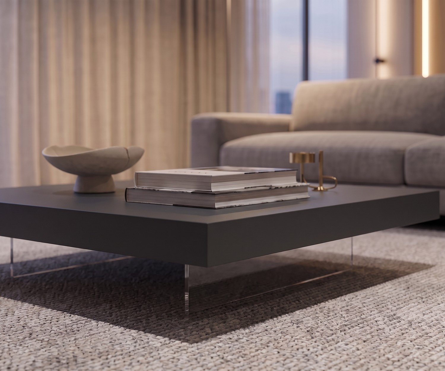 Moderne Livitalia Low salontafel in antracietgrijs met transparante poten voor de woonkamer.