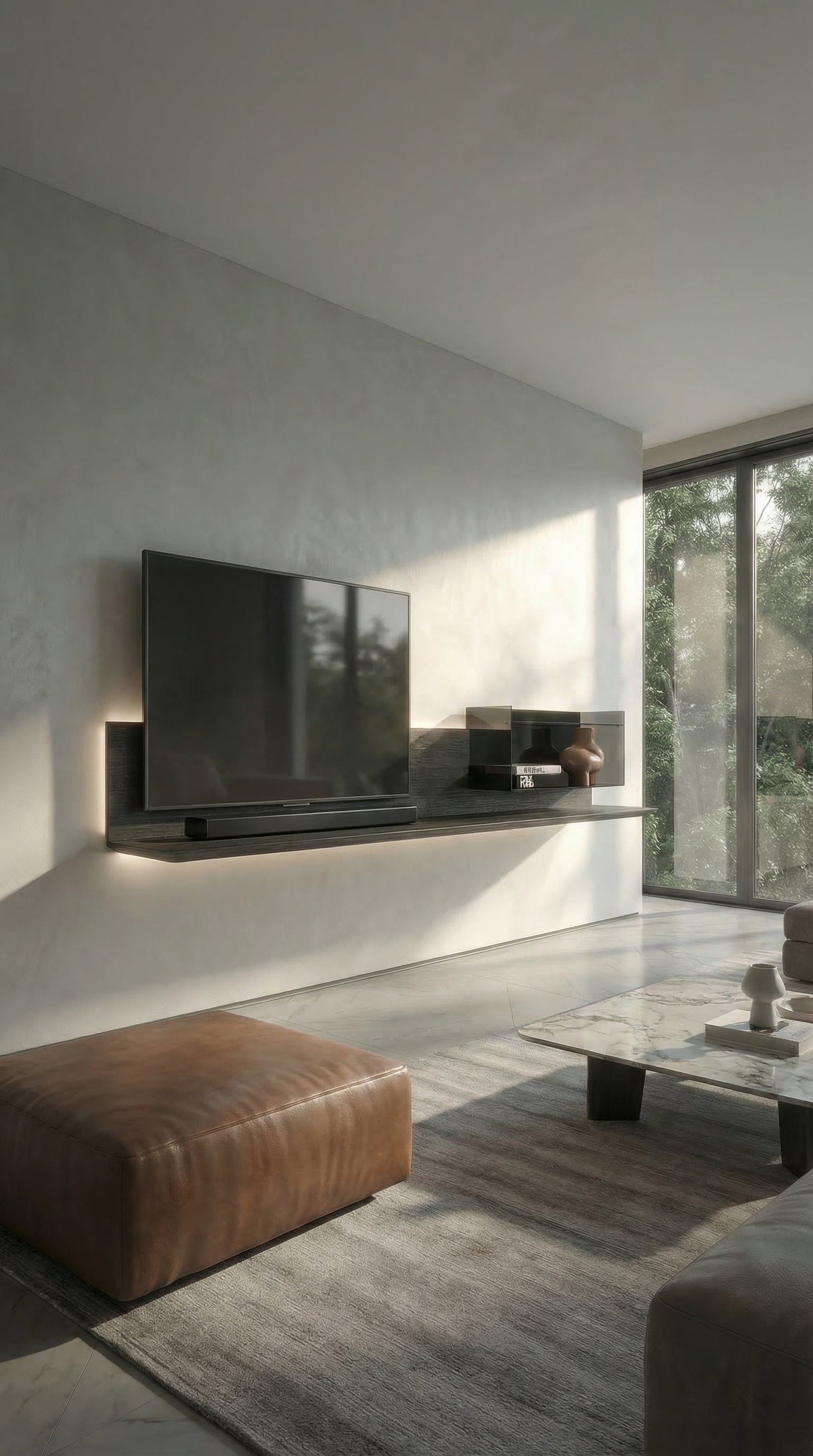 Een zwevend, donker tv-wandmeubel van eikenhout Carbone in een lichte, moderne woonkamer met grote raampartijen.