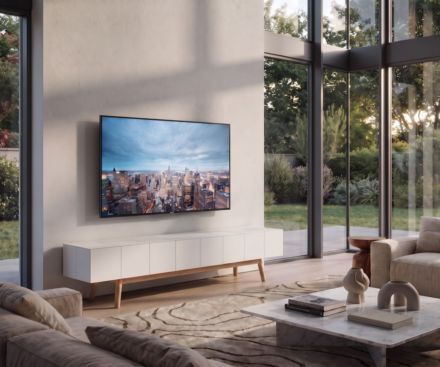 TV-lowboard MOS-I-KO 005 B in een moderne woonkamer, mat wit gelakt met houten standvoeten.
