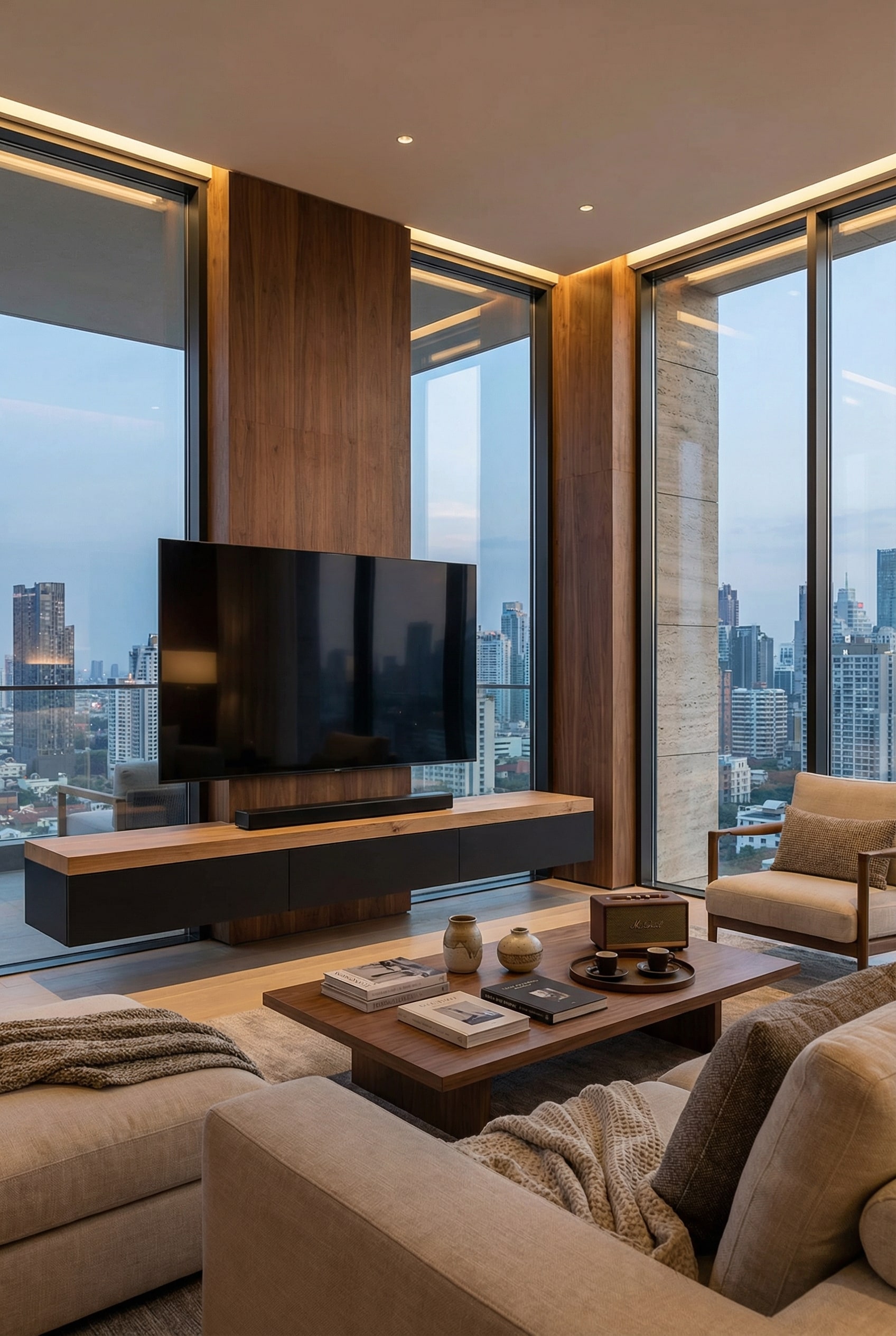 Extreem breed, massief tv-dressoir met dikke houten plaat onder een grote televisie Extreem breed, massief tv-dressoir met dikke houten plaat onder een grote televisie