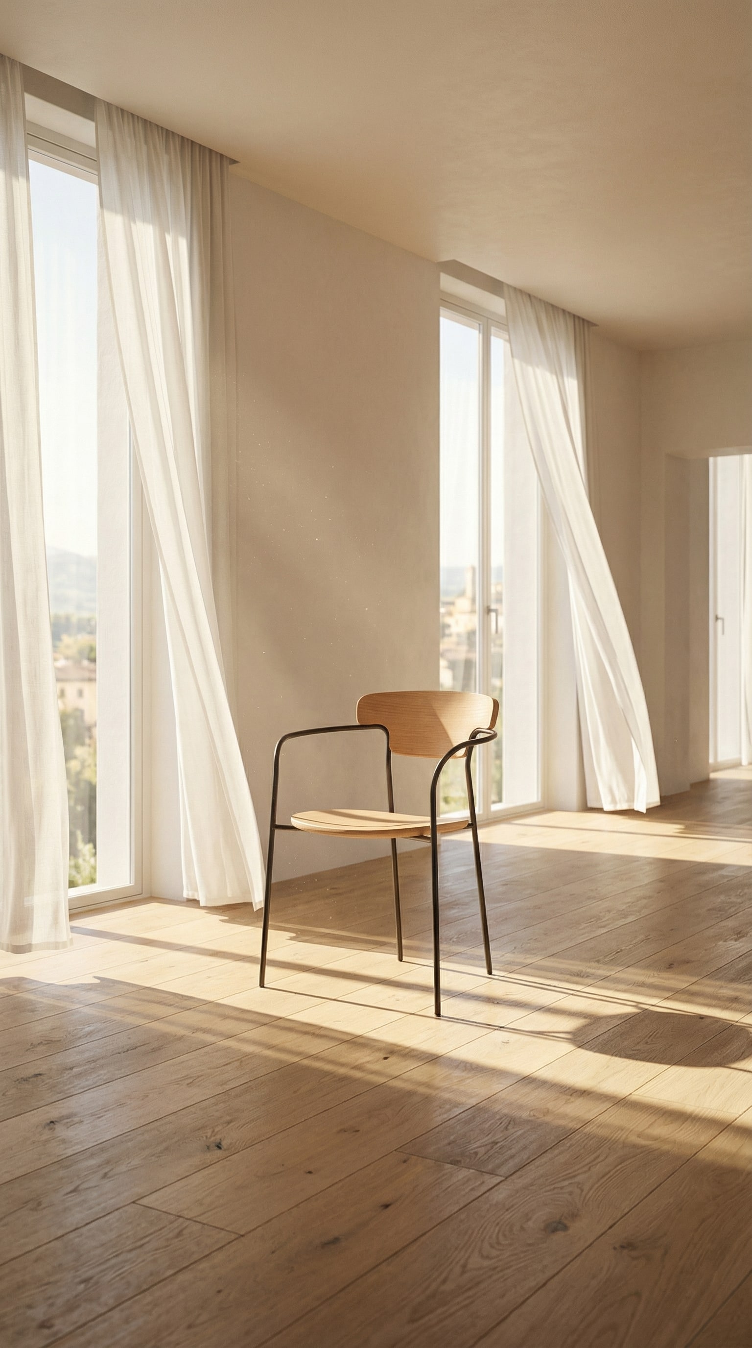 Moderne houten stoel met filigraan zwart metalen frame en lichte houten zitting in het zonlicht Moderne houten stoel met filigraan zwart metalen frame en lichte houten zitting in het zonlicht