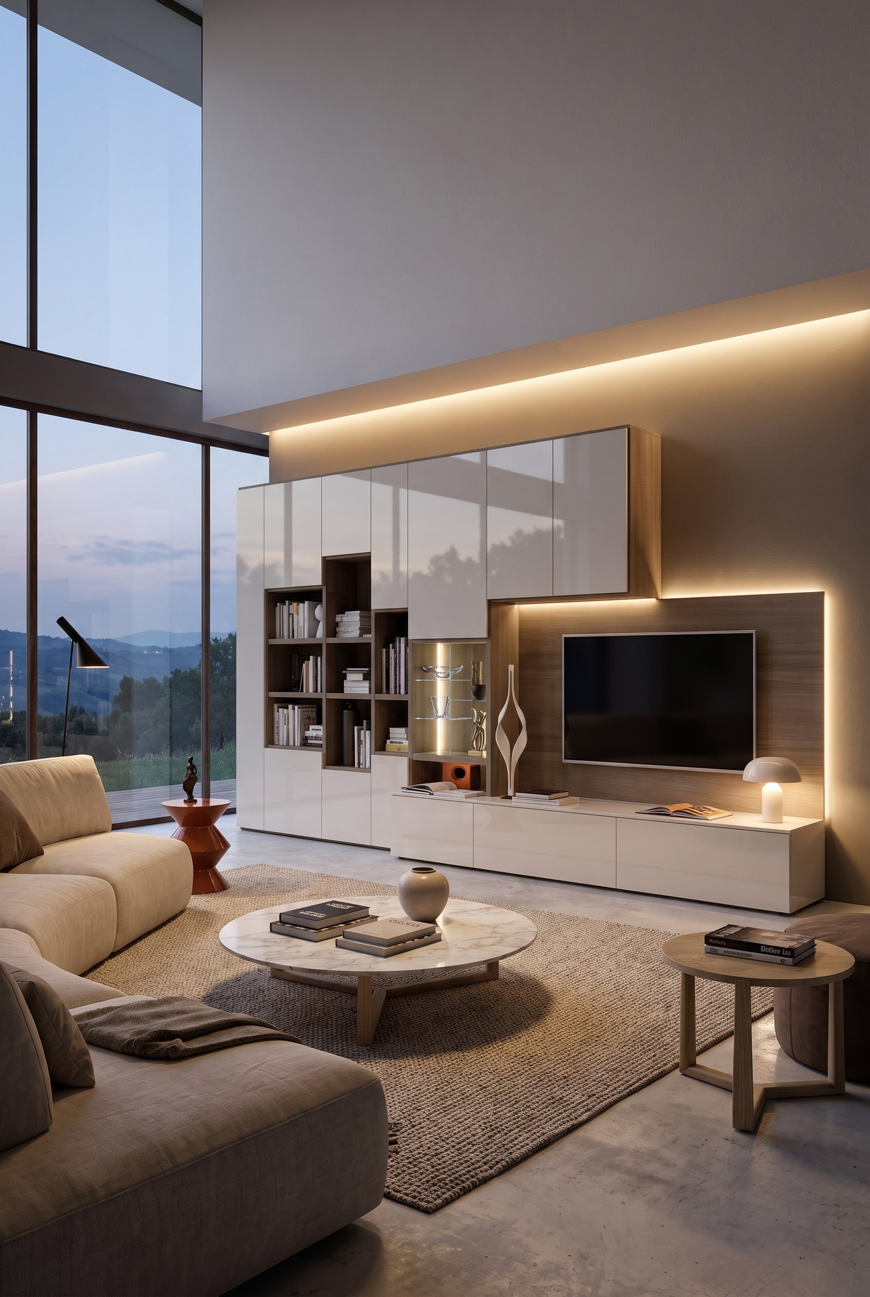 Moderne asymmetrische Wohnwand mit integriertem Fernseher und offenen Bücherfächern in einem großzügigen, hohen Wohnraum