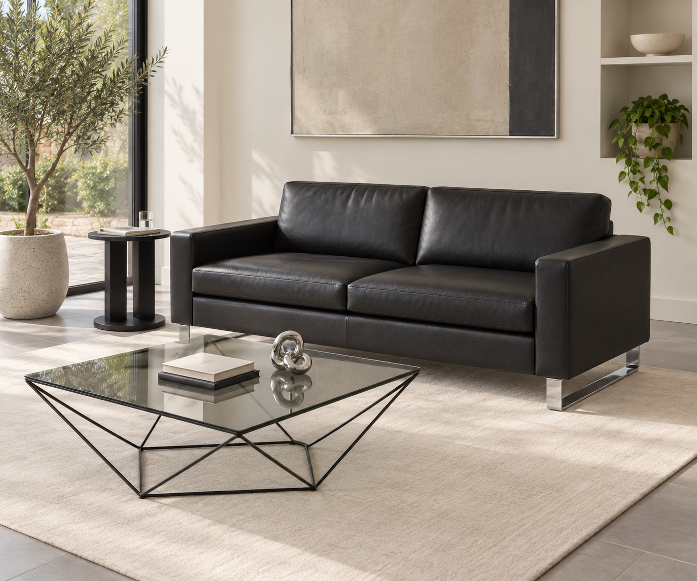 Livitalia Bank Vinaro, 206 × 91 cm, Seminole 04 Zwart, echt leer, verchroomde sledes – Aanzicht onder 45° Livitalia Bank Vinaro, 206 × 91 cm, Seminole 04 Zwart, echt leer, verchroomde sledes – Aanzicht onder 45°