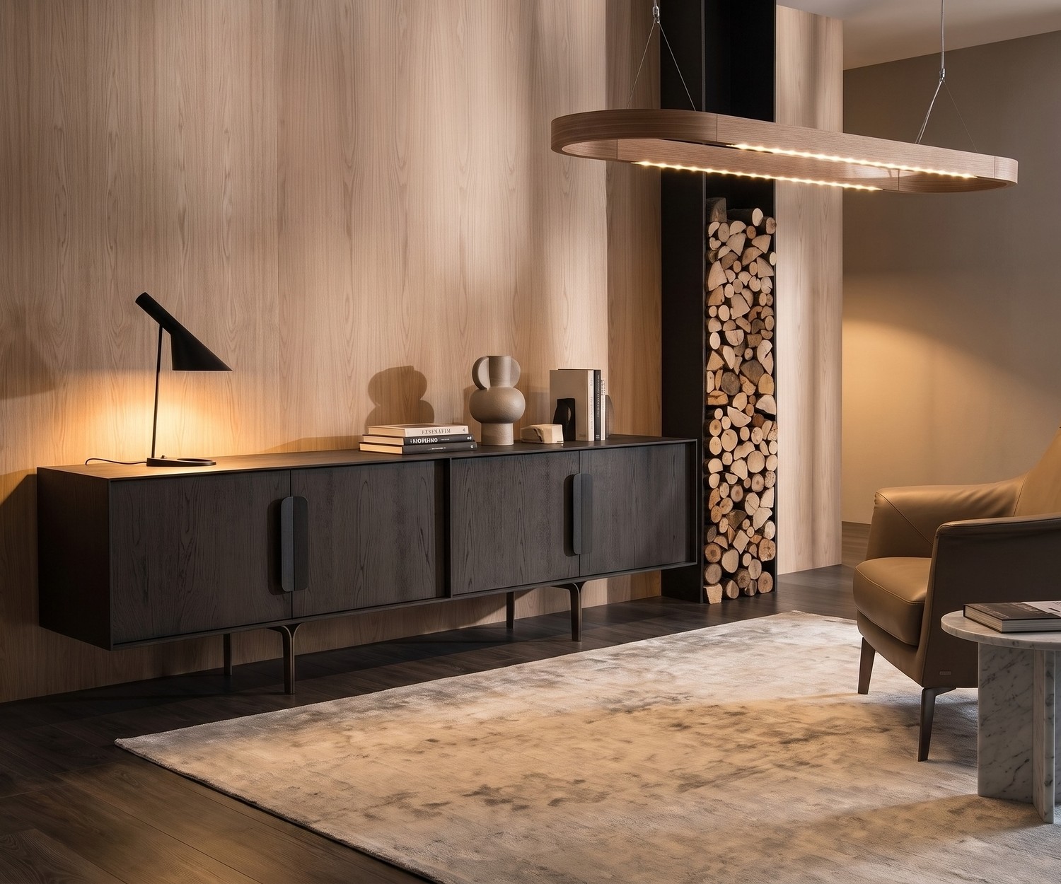 al2 Mobius 003 design dressoir in donker eiken al2 Mobius 003 design dressoir van donker eikenhout in een moderne woonkamer met sfeervolle verlichting.