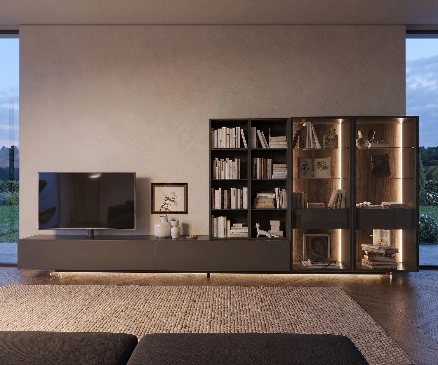 Livitalia transparante tv-sokkel voor een zwevend effect onder een modern tv-lowboard met LED-verlichting.