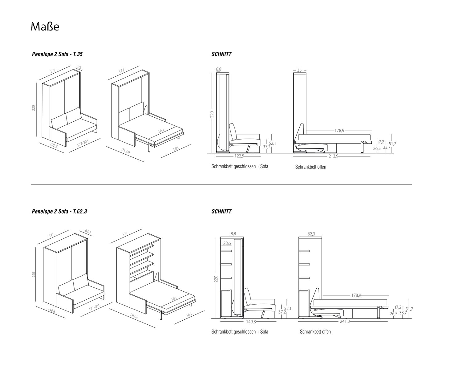Clei Penelope 2 design opklapbed met bank afmetingen schets Clei Penelope 2 design opklapbed met bank afmetingen schets