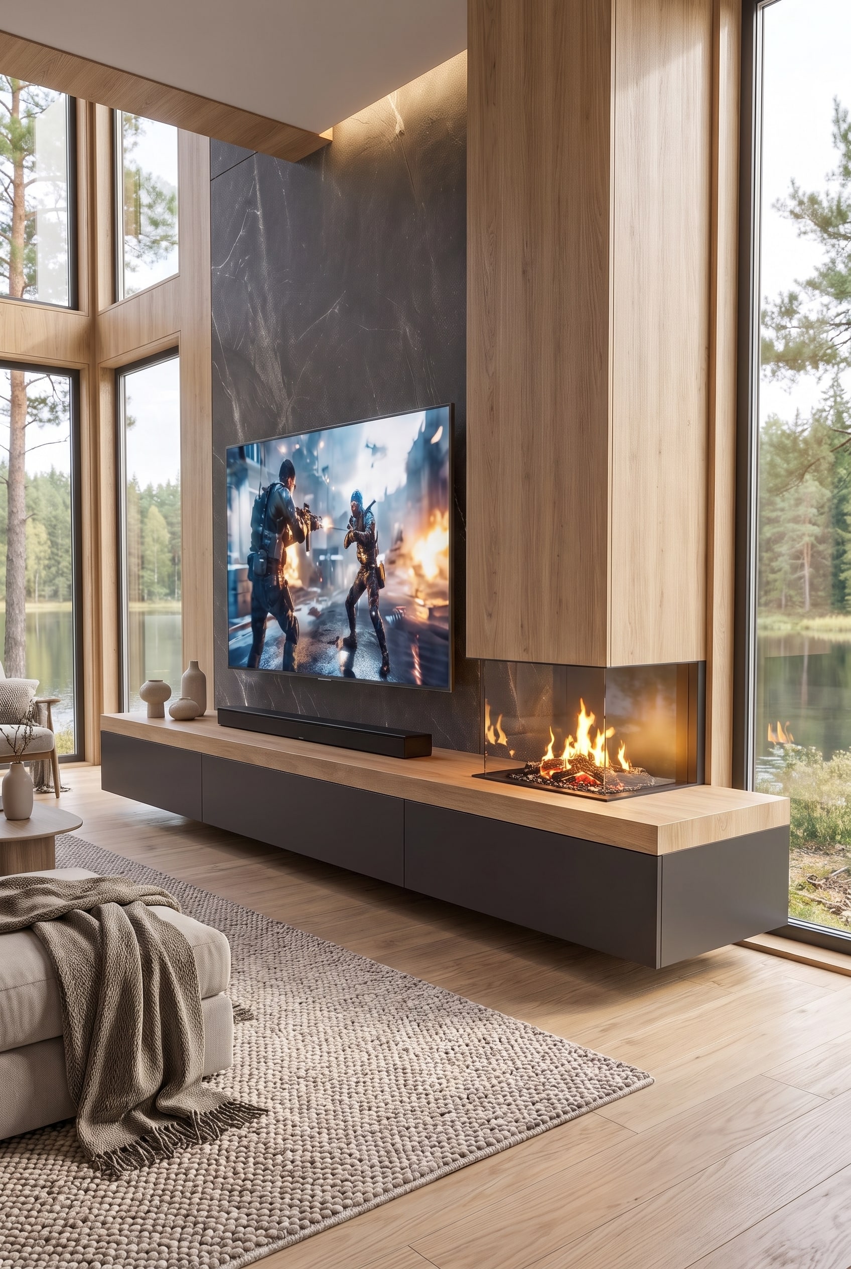 Wohnzimmer Skandinavische Wohnwand mit Kamin Wohnzimmer Skandinavische Wohnwand mit Kamin