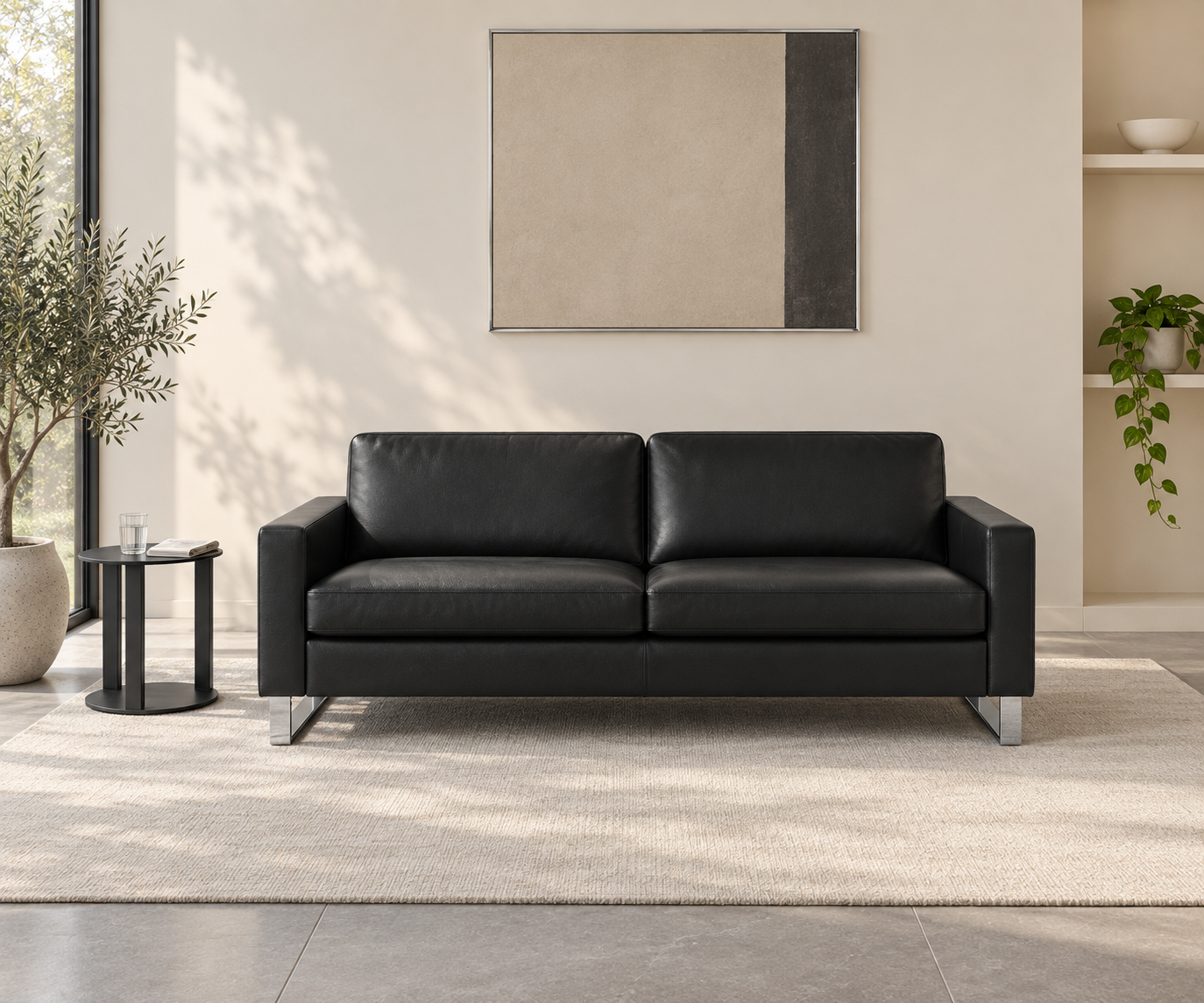Livitalia Bank Vinaro, 206 × 91 cm, Seminole 04 Zwart, echt leer, verchroomde sledes – Vooraanzicht zonder salontafel Livitalia Bank Vinaro, 206 × 91 cm, Seminole 04 Zwart, echt leer, verchroomde sledes – Vooraanzicht zonder salontafel