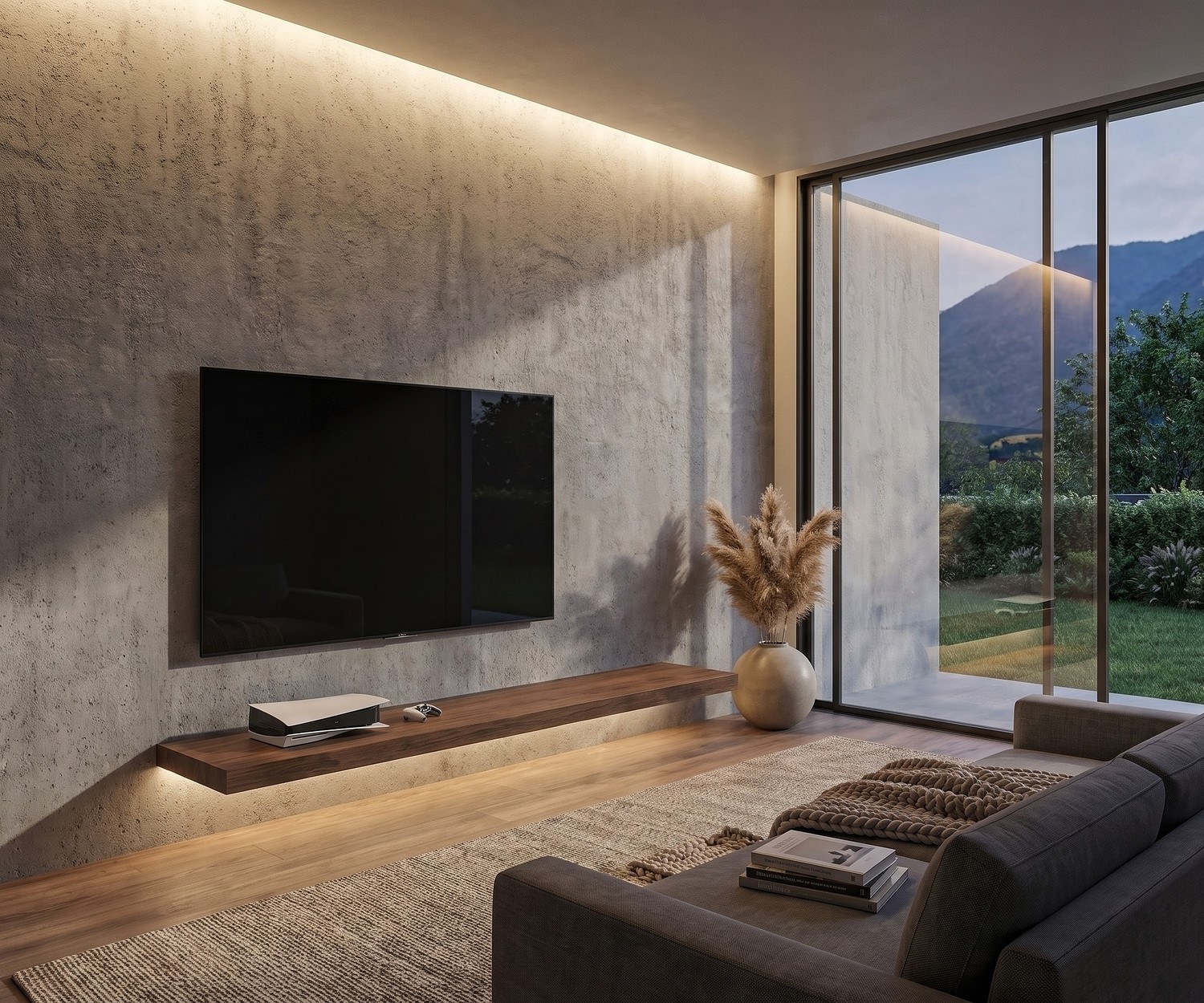 Livitalia TV wandplank van hout in een minimalistische woonkamer onder de televisie aan een betonnen muur.