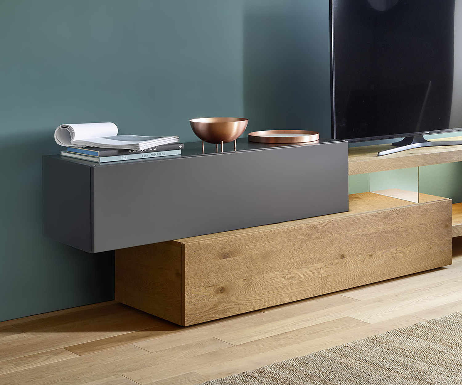 Exclusief design TV wandmeubel Livitalia C32 in mat grijs Design lowboard voor TV open vak