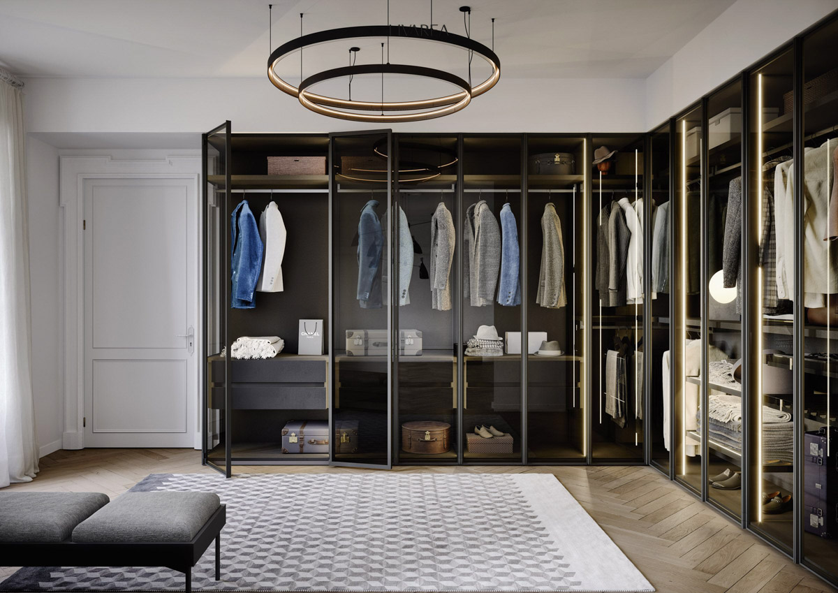 Dressing kamer open over hoek met glazen deuren kant led verlichting dubbele laden broekenrek metalen frame gelakt Dressing kamer open over hoek met glazen deuren kant led verlichting dubbele laden broekenrek metalen frame gelakt