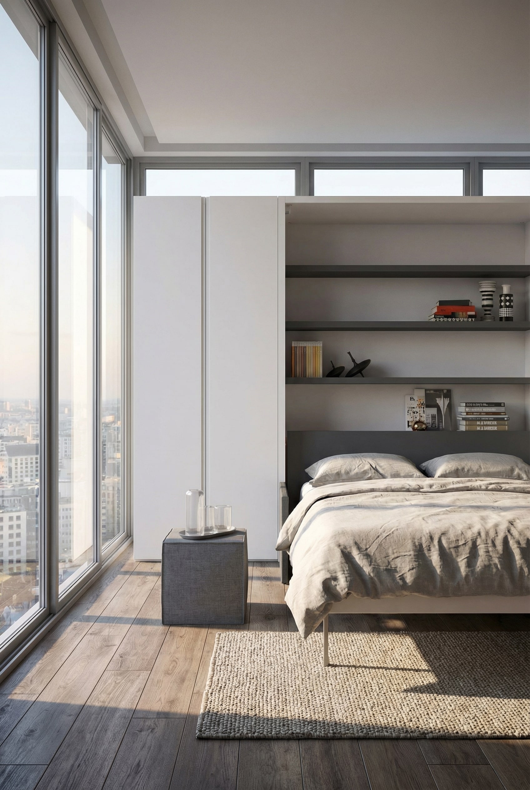 Kompaktes Schrankbett perfekt integriert in eine schmale Nische eines modernen Zimmers
