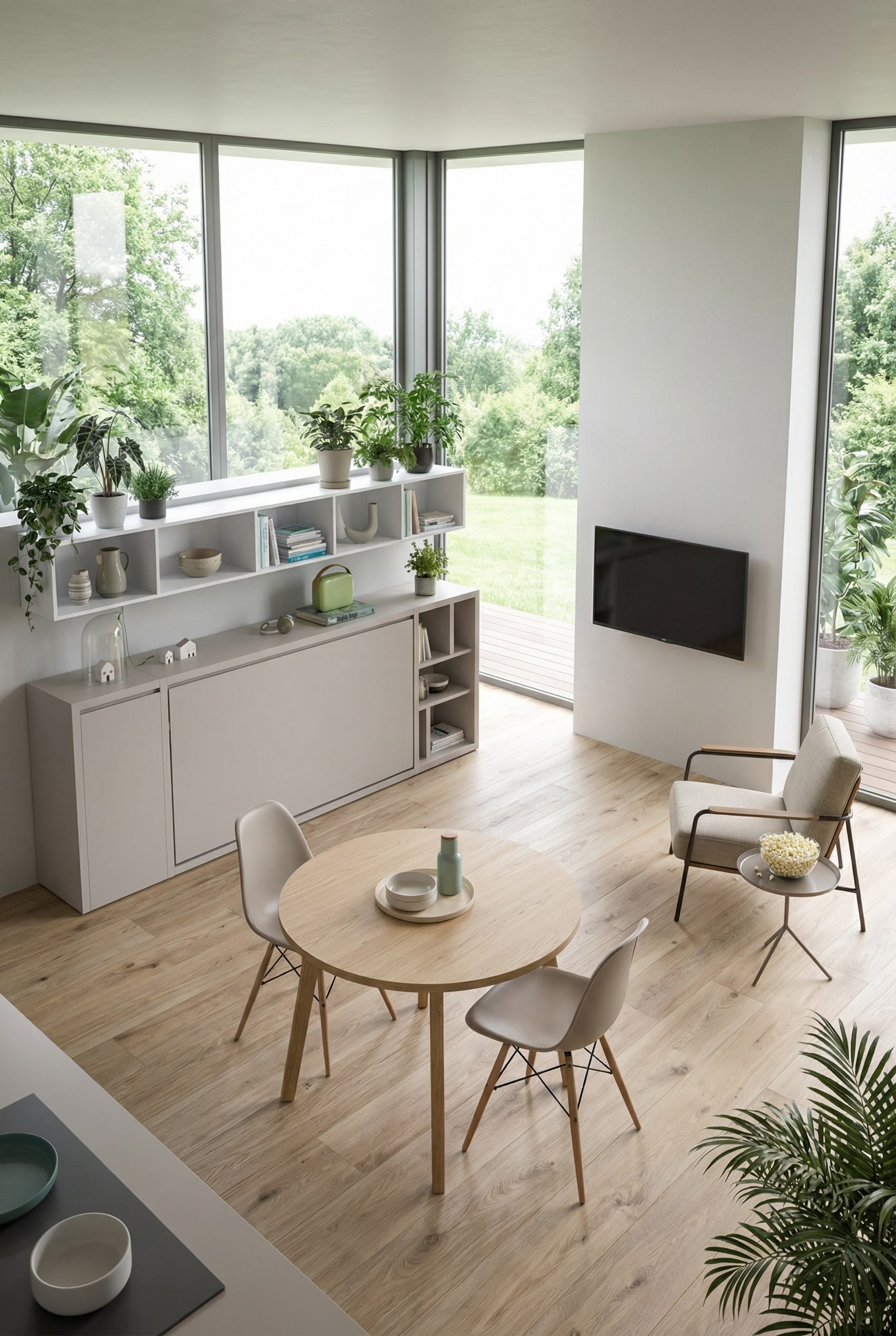 Horizontal &ouml;ffnendes Schrankbett in einer minimalistisch eingerichteten Einzimmerwohnung