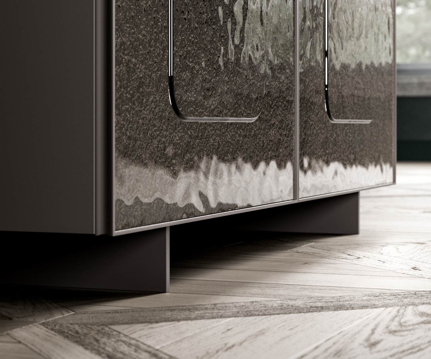 Hoogwaardig dressoir met zilveren glasfront Detail afbeelding Hoogwaardig dressoir met zilveren glasfront Detail afbeelding