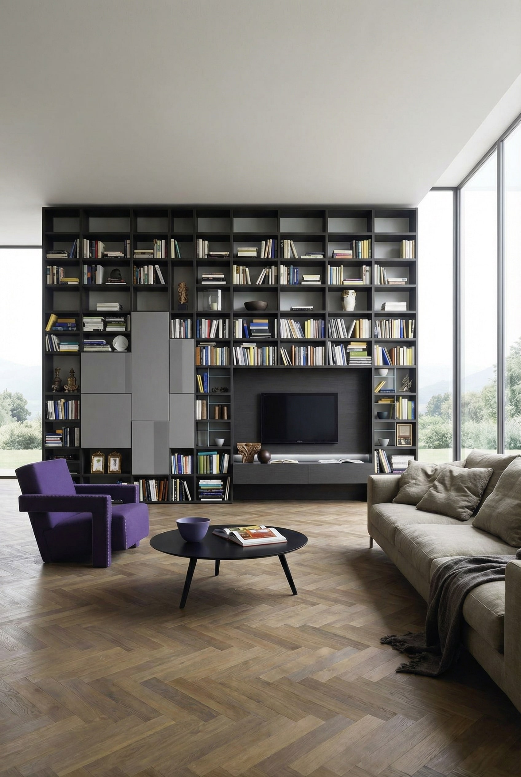Donkere Livitalia Woonkamerkast C54 met perfect geproportioneerde boeken en decoratieve elementen volgens de 60-30-10 regel. Donkere Livitalia Woonkamerkast C54 met perfect geproportioneerde boeken en decoratieve elementen volgens de 60-30-10 regel.