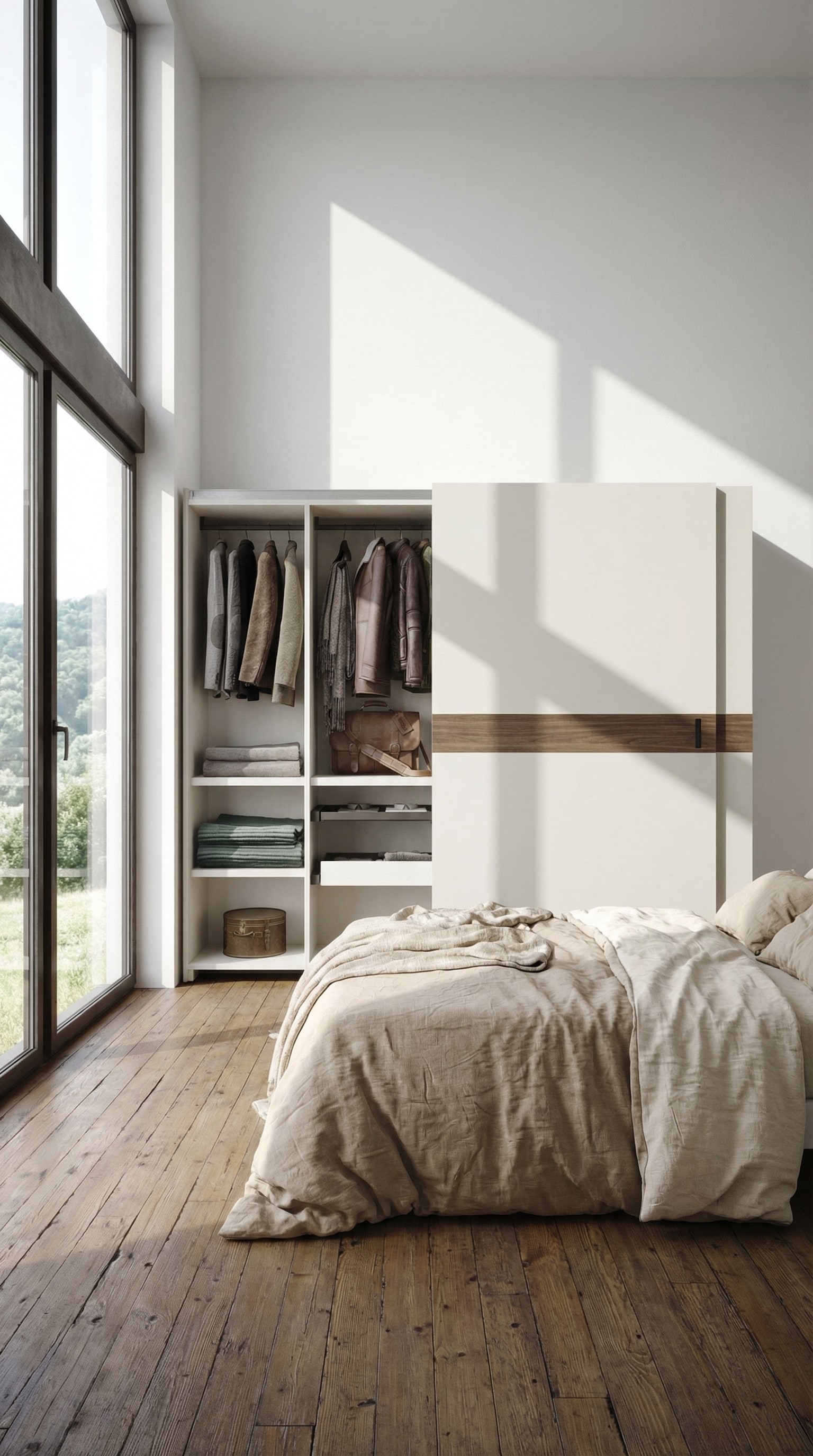 Een vlakke schuifdeurkast in een slaapkamer, die dicht bij het bed staat.