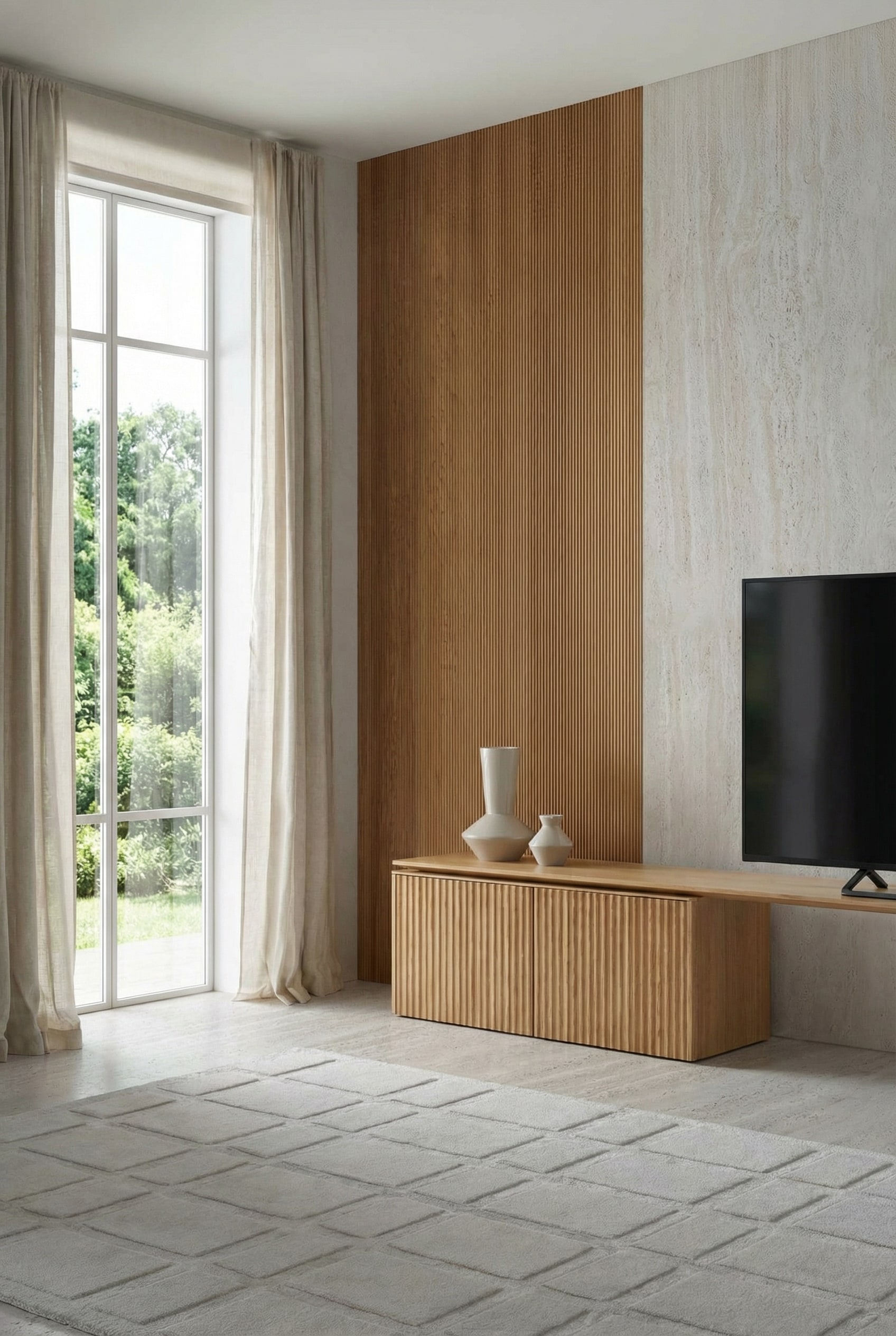 Elegant houten tv-meubel met verticale groefpanelen in een lichte, moderne woonkamer Elegant houten tv-meubel met verticale groefpanelen in een lichte, moderne woonkamer